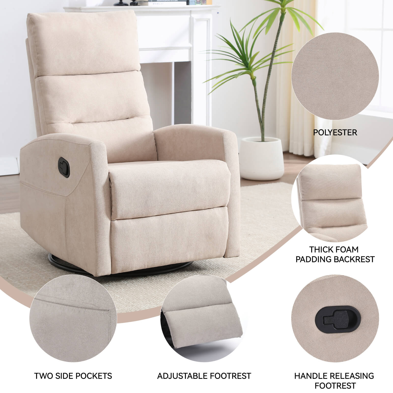 Modern Polyester Fabric Manual 360 Swivel Rocker Recliner Chair - Image 17