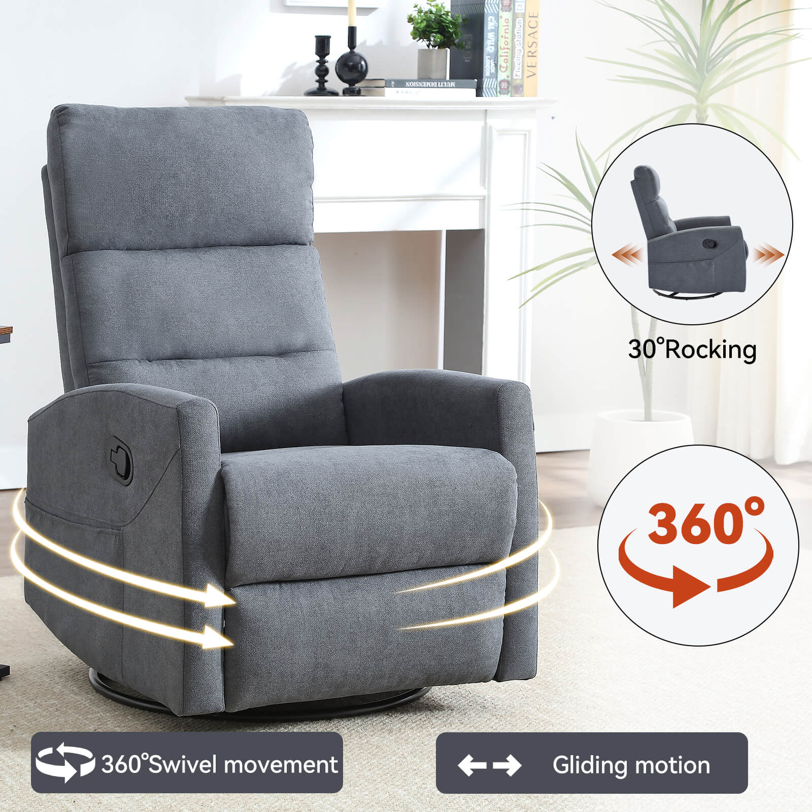 Modern Polyester Fabric Manual 360 Swivel Rocker Recliner Chair - Image 28