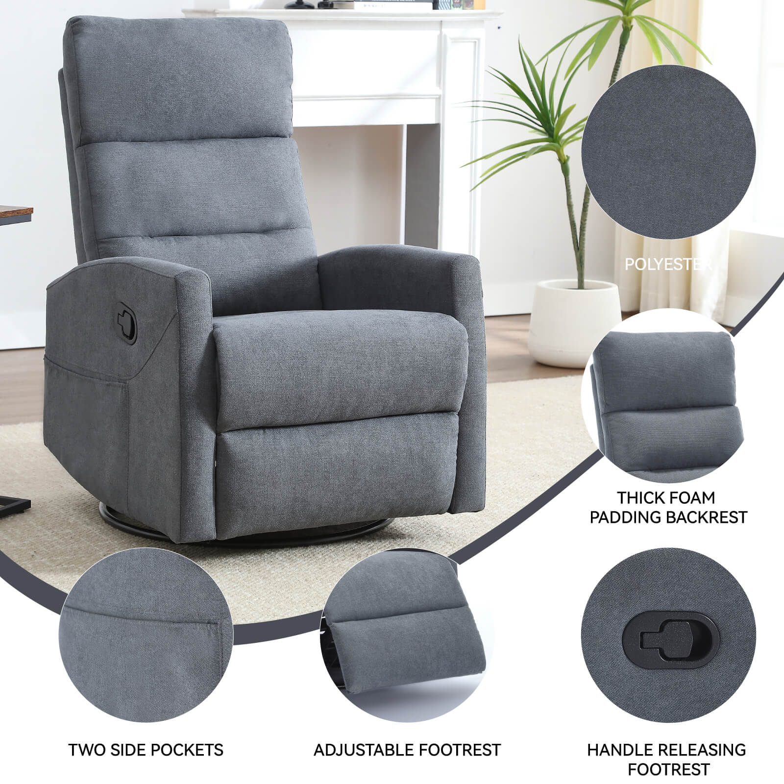 Modern Polyester Fabric Manual 360 Swivel Rocker Recliner Chair - Image 29