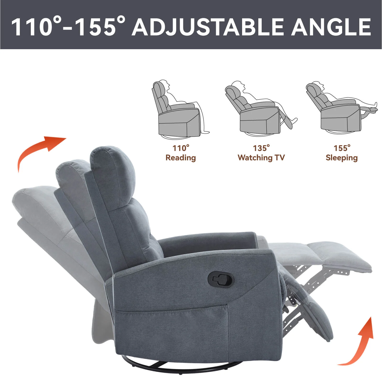 Modern Polyester Fabric Manual 360 Swivel Rocker Recliner Chair - Image 31