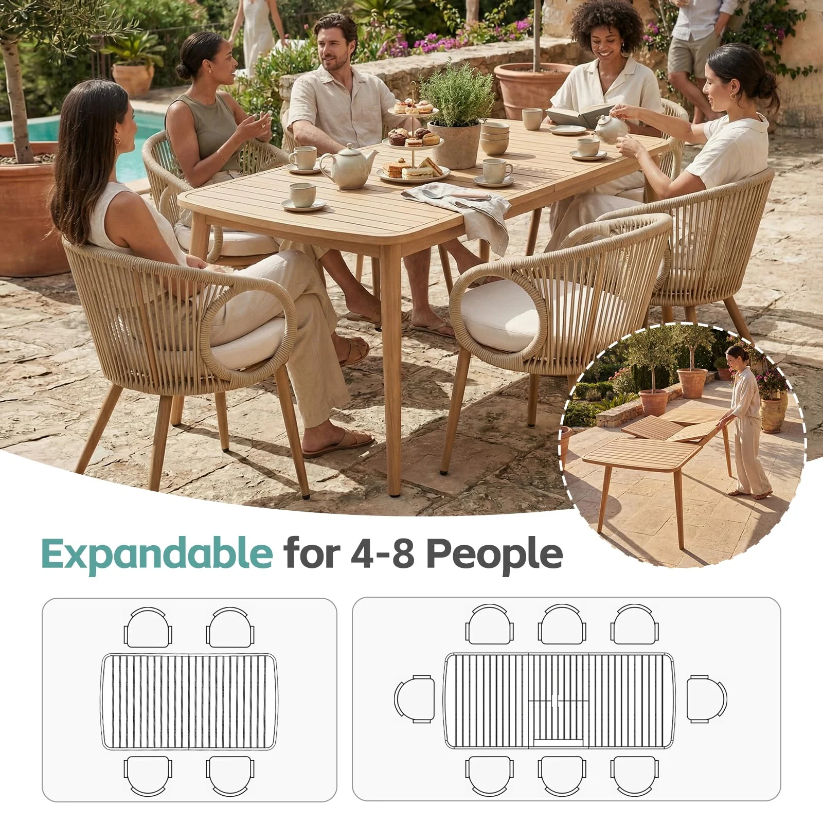 Extendable Solid Wood Farmhouse Outdoor Patio Dining Table for 6 to 8 - Image 6