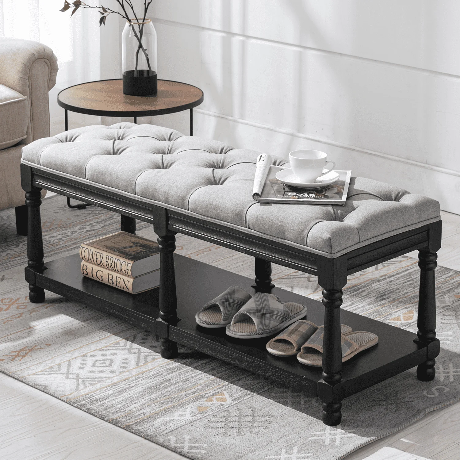 Mid Century Tufted Linen Upholstered Storage Bench - 2204BH - Image 27