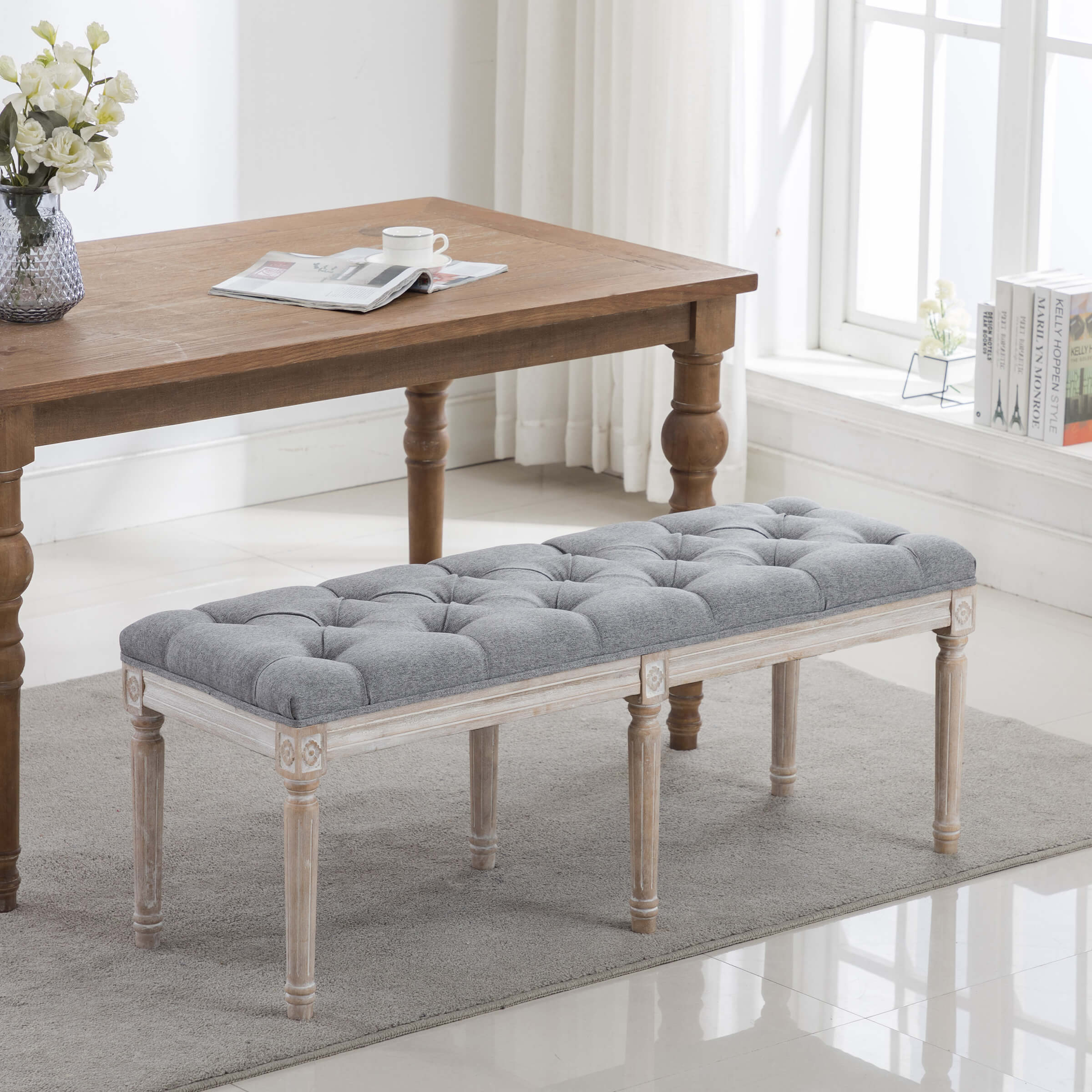 Kmax Fabric Wood Legs Dining Bench - 7537BH - Image 15