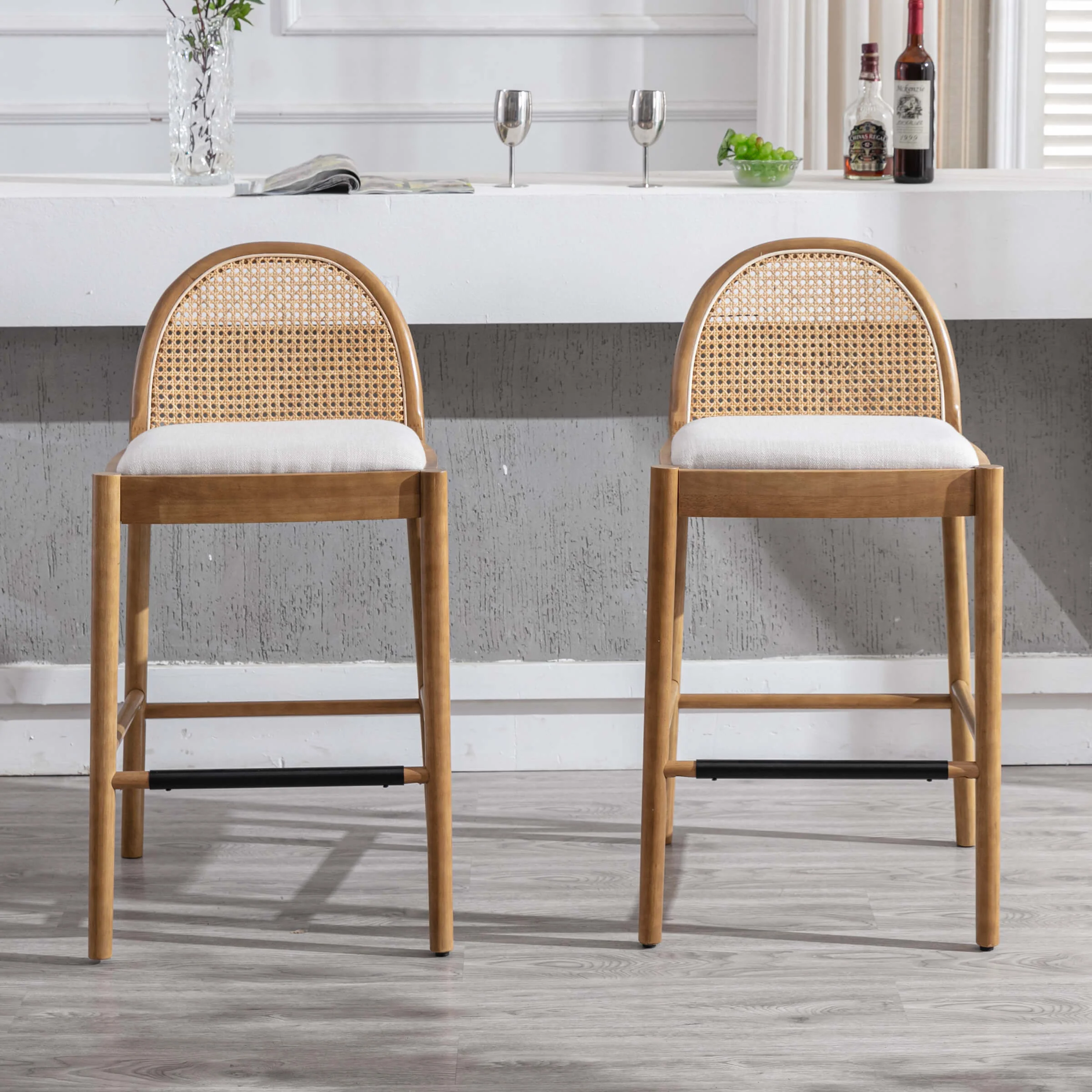24.4"H & 30"H Rattan Backrest Wooden Legs Counter Height Stools Set of 2 - 5696CS - Image 10