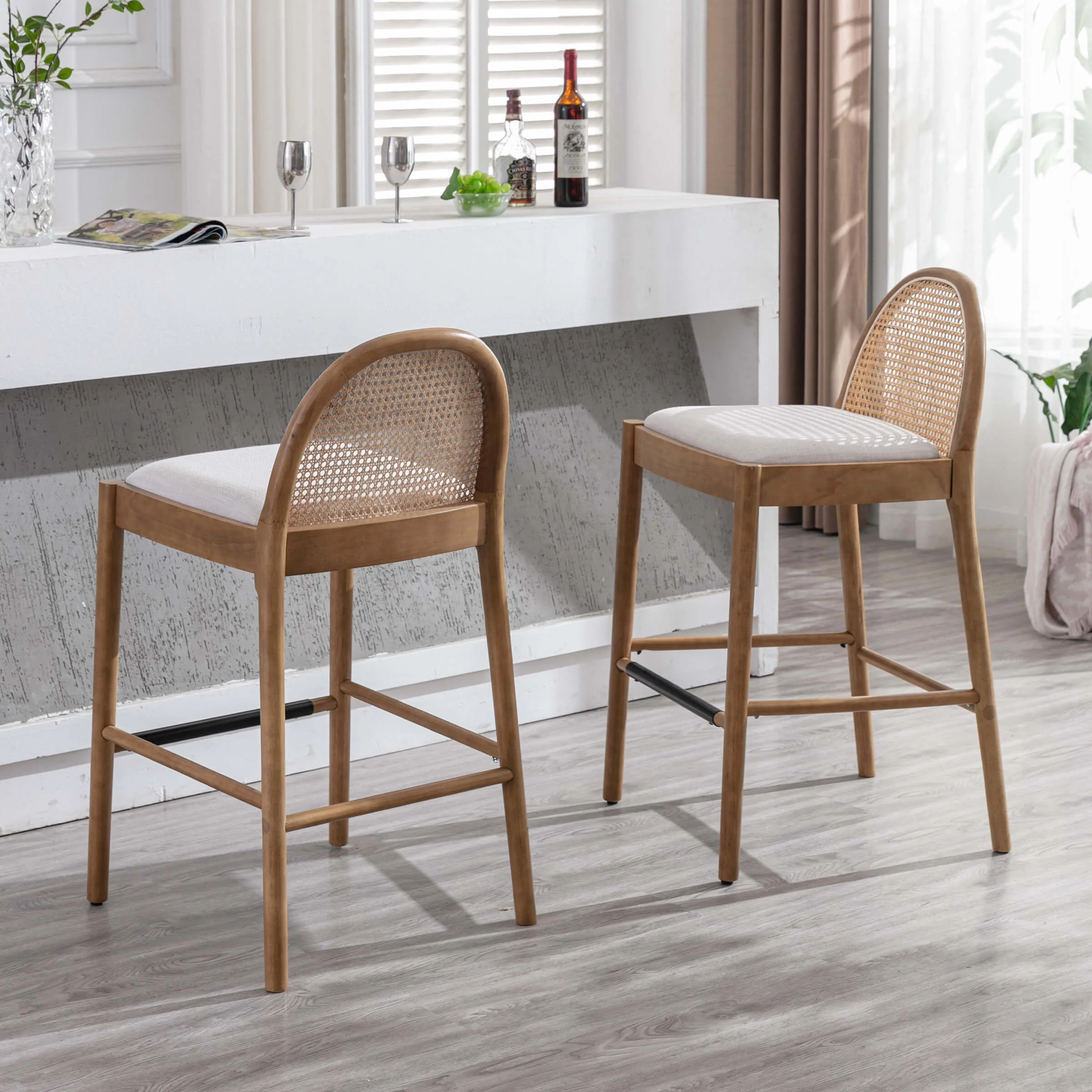 24.4"H & 30"H Rattan Backrest Wooden Legs Counter Height Stools Set of 2 - 5696CS - Image 11
