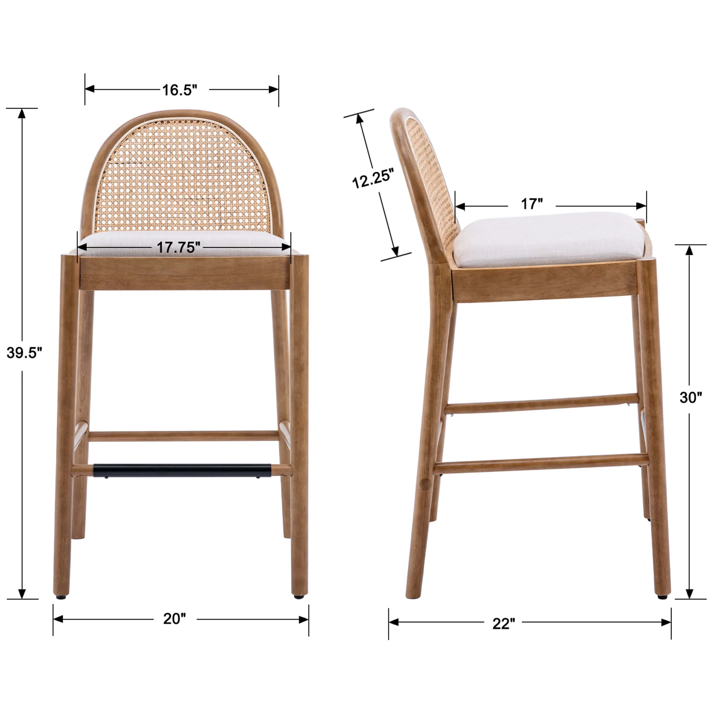 24.4"H & 30"H Rattan Backrest Wooden Legs Counter Height Stools Set of 2 - 5696CS - Image 12