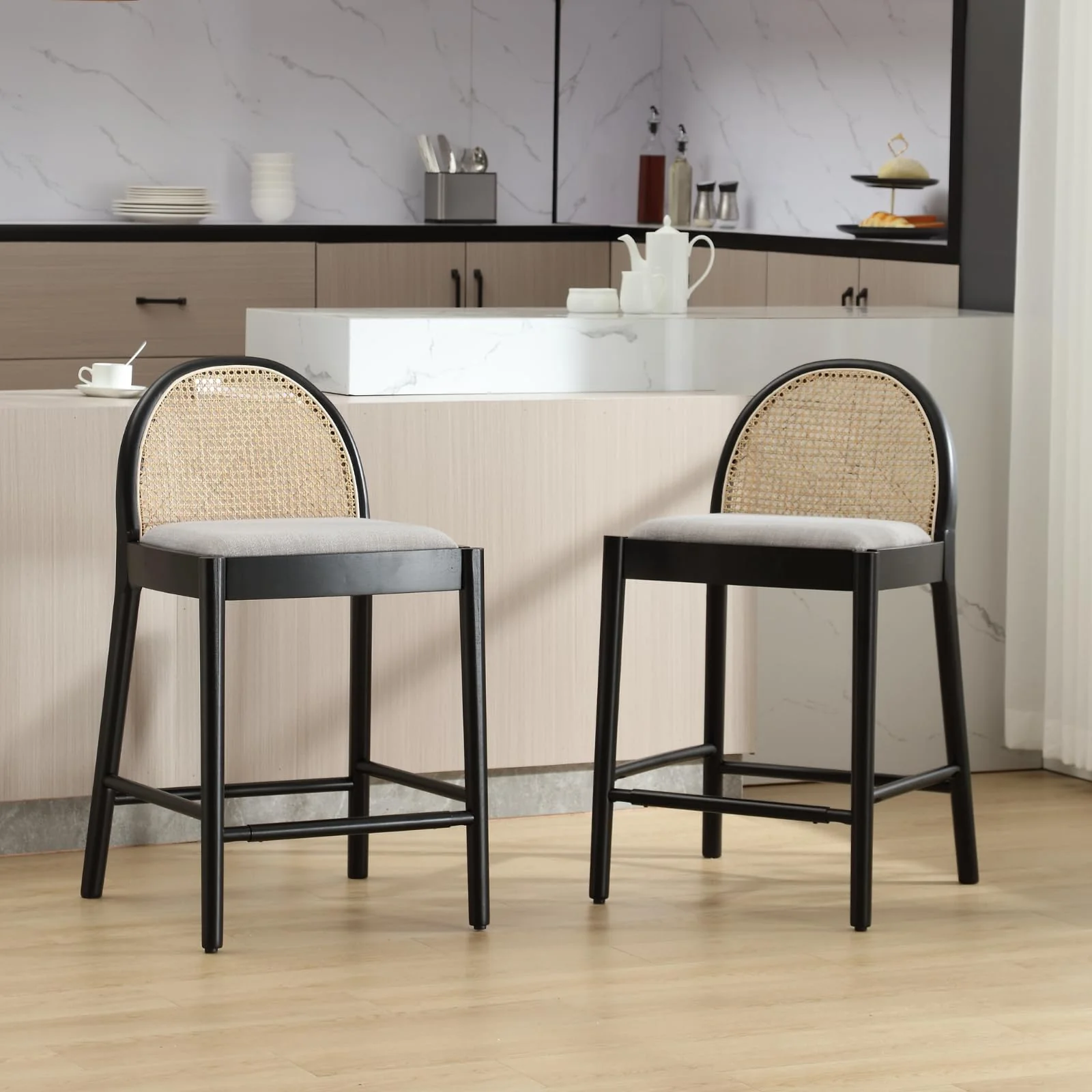 24.4"H & 30"H Rattan Backrest Wooden Legs Counter Height Stools Set of 2 - 5696CS - Image 13