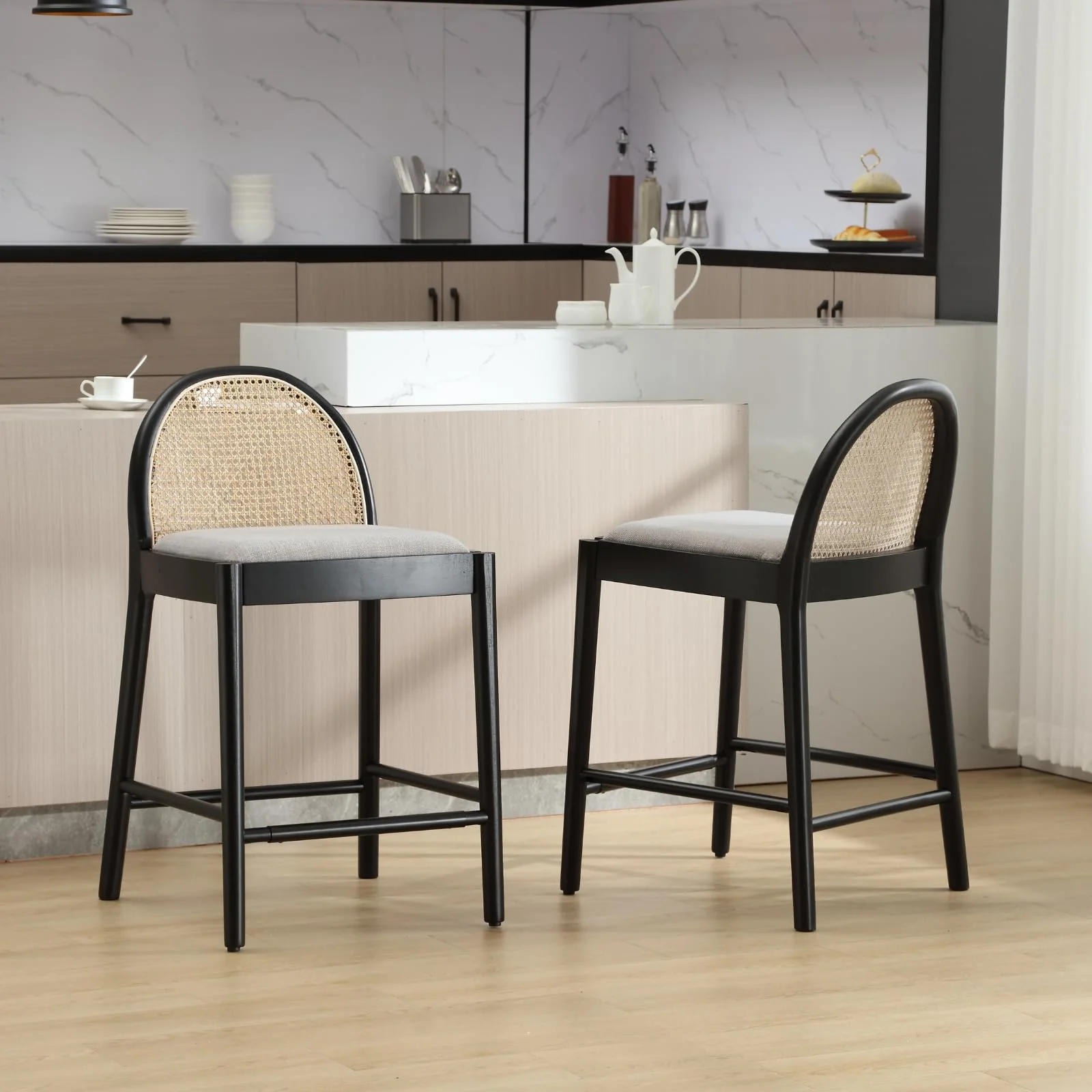 24.4"H & 30"H Rattan Backrest Wooden Legs Counter Height Stools Set of 2 - 5696CS - Image 14