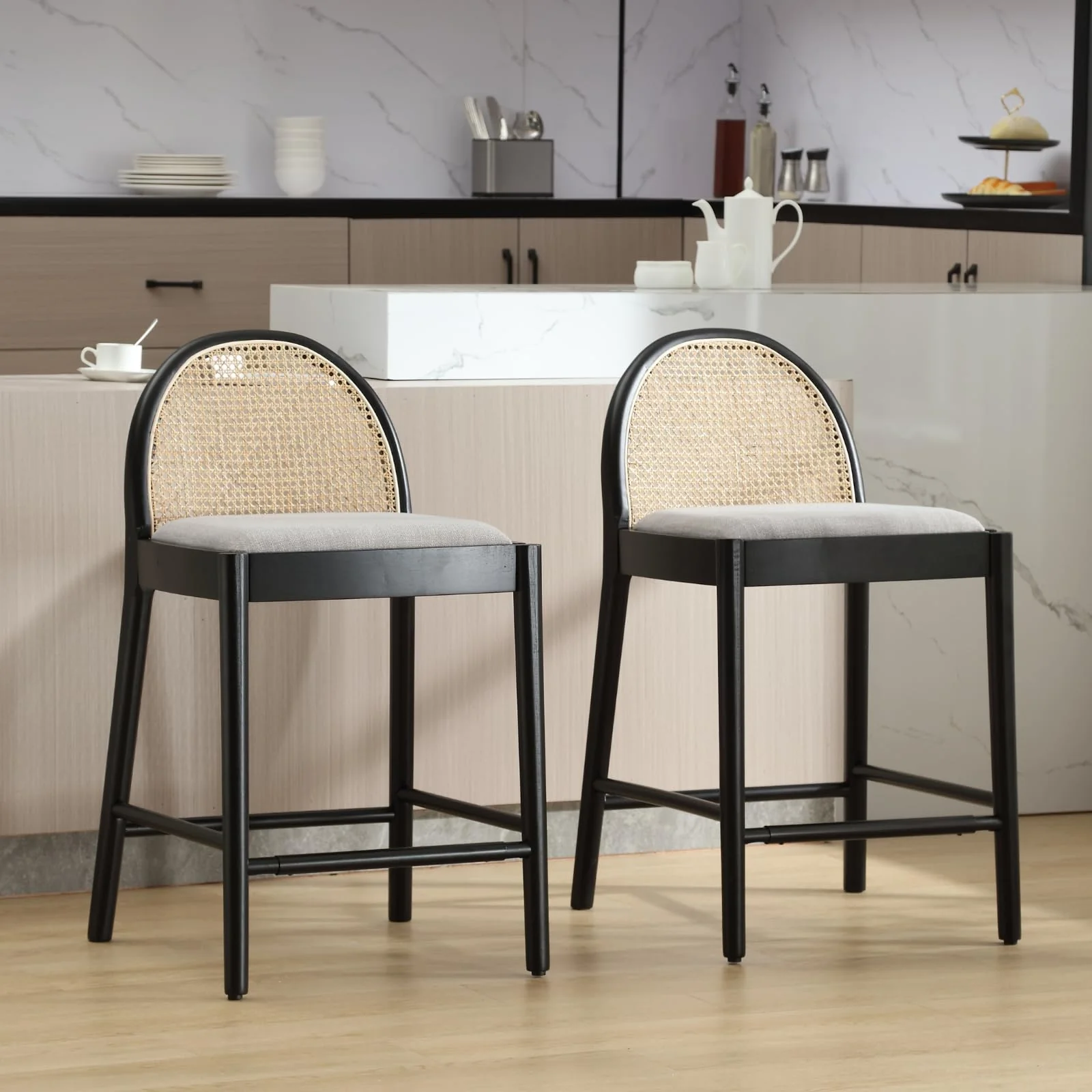 24.4"H & 30"H Rattan Backrest Wooden Legs Counter Height Stools Set of 2 - 5696CS - Image 15