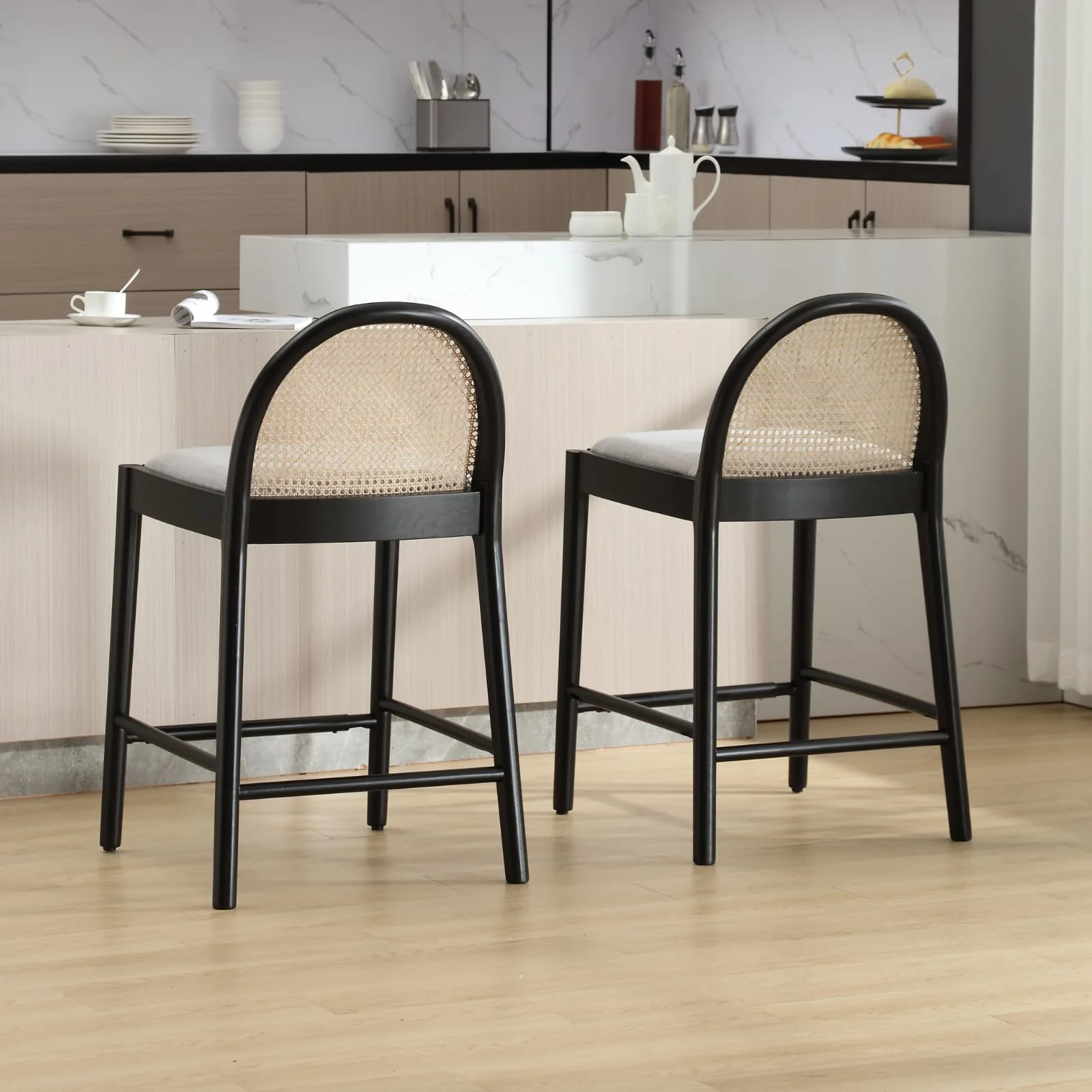24.4"H & 30"H Rattan Backrest Wooden Legs Counter Height Stools Set of 2 - 5696CS - Image 16