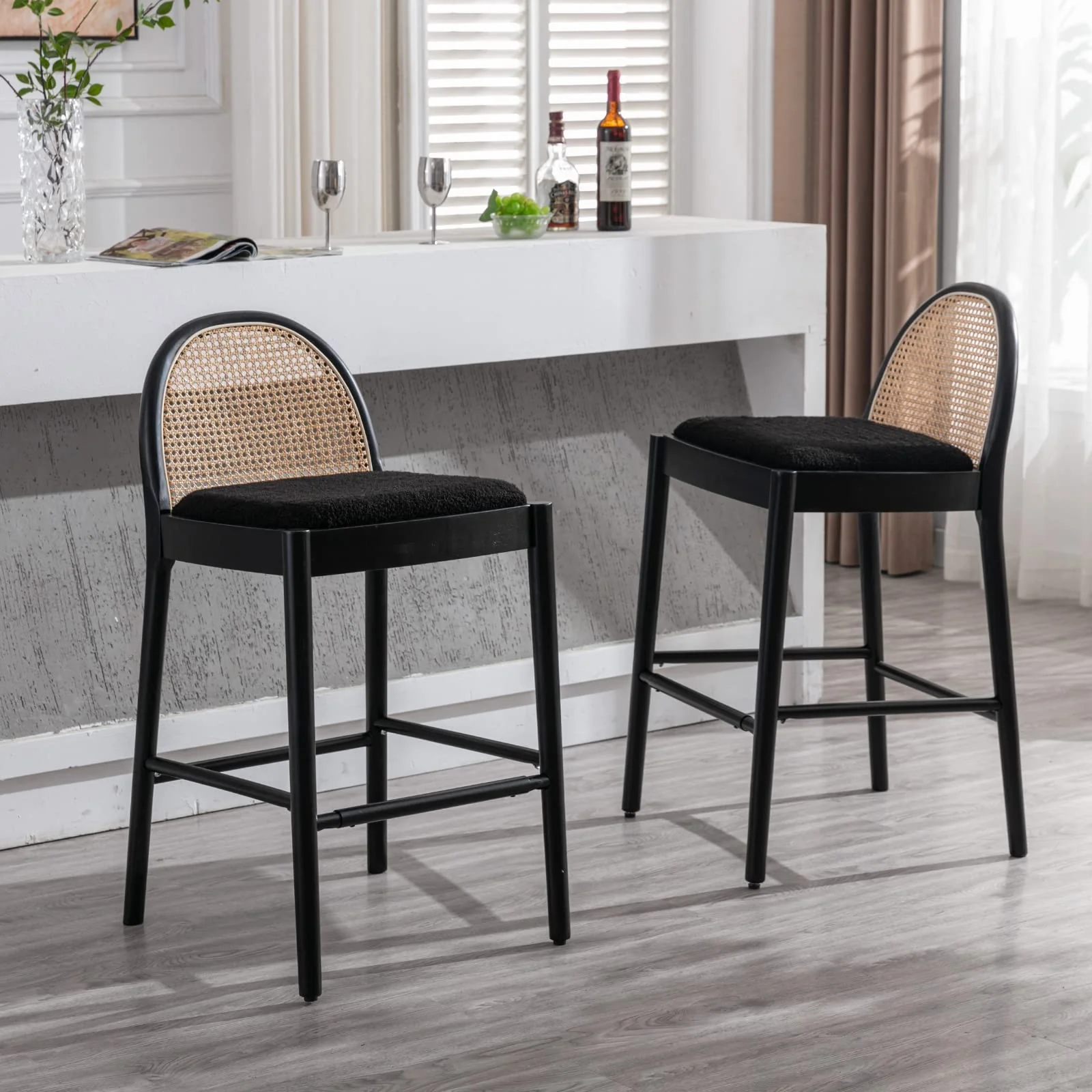 24.4"H & 30"H Rattan Backrest Wooden Legs Counter Height Stools Set of 2 - 5696CS - Image 21
