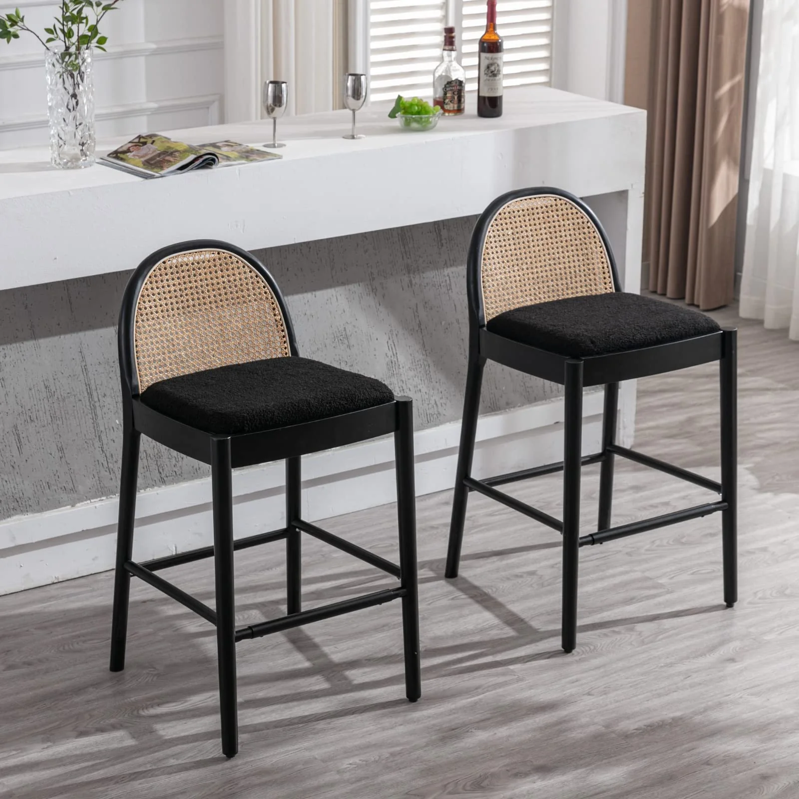 24.4"H & 30"H Rattan Backrest Wooden Legs Counter Height Stools Set of 2 - 5696CS - Image 22