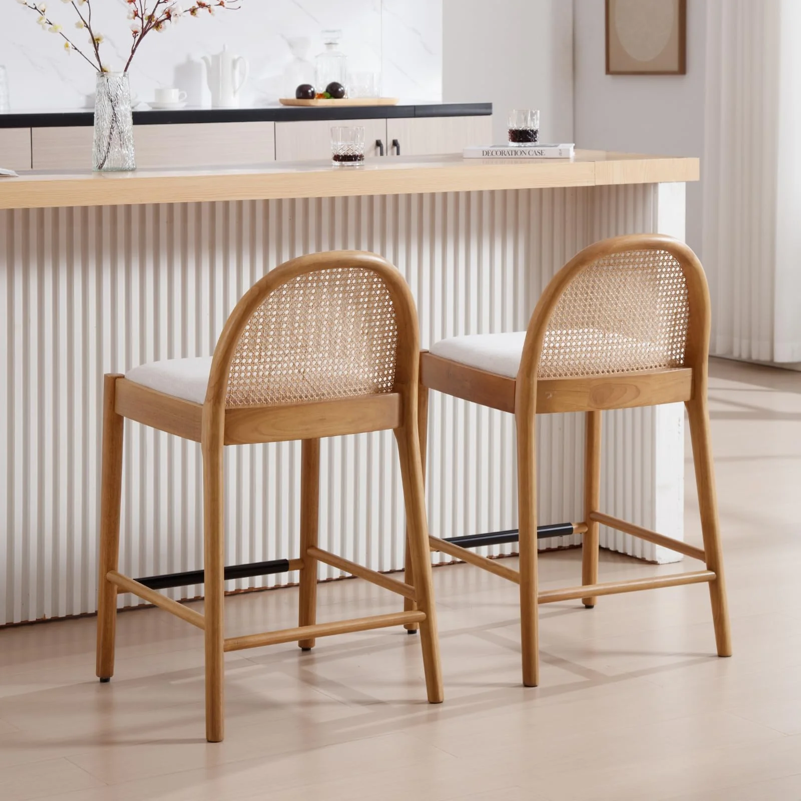 24.4"H & 30"H Rattan Backrest Wooden Legs Counter Height Stools Set of 2 - 5696CS - Image 3