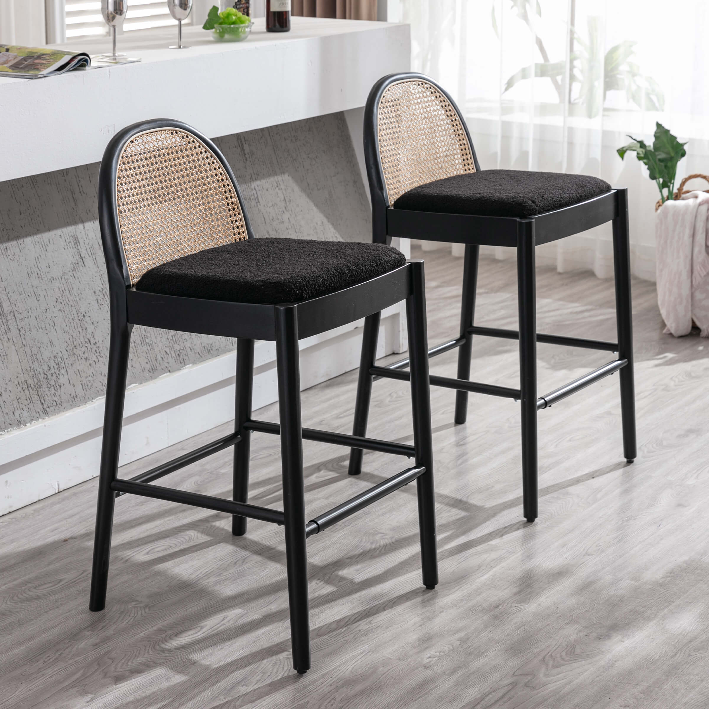 24.4"H & 30"H Rattan Backrest Wooden Legs Counter Height Stools Set of 2 - 5696CS - Image 30