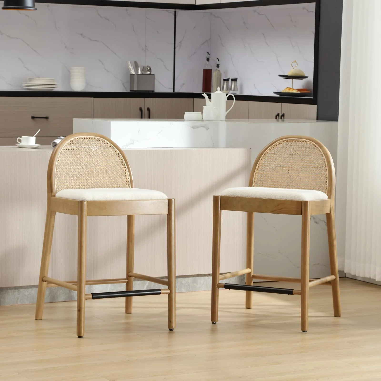24.4"H & 30"H Rattan Backrest Wooden Legs Counter Height Stools Set of 2 - 5696CS - Image 33