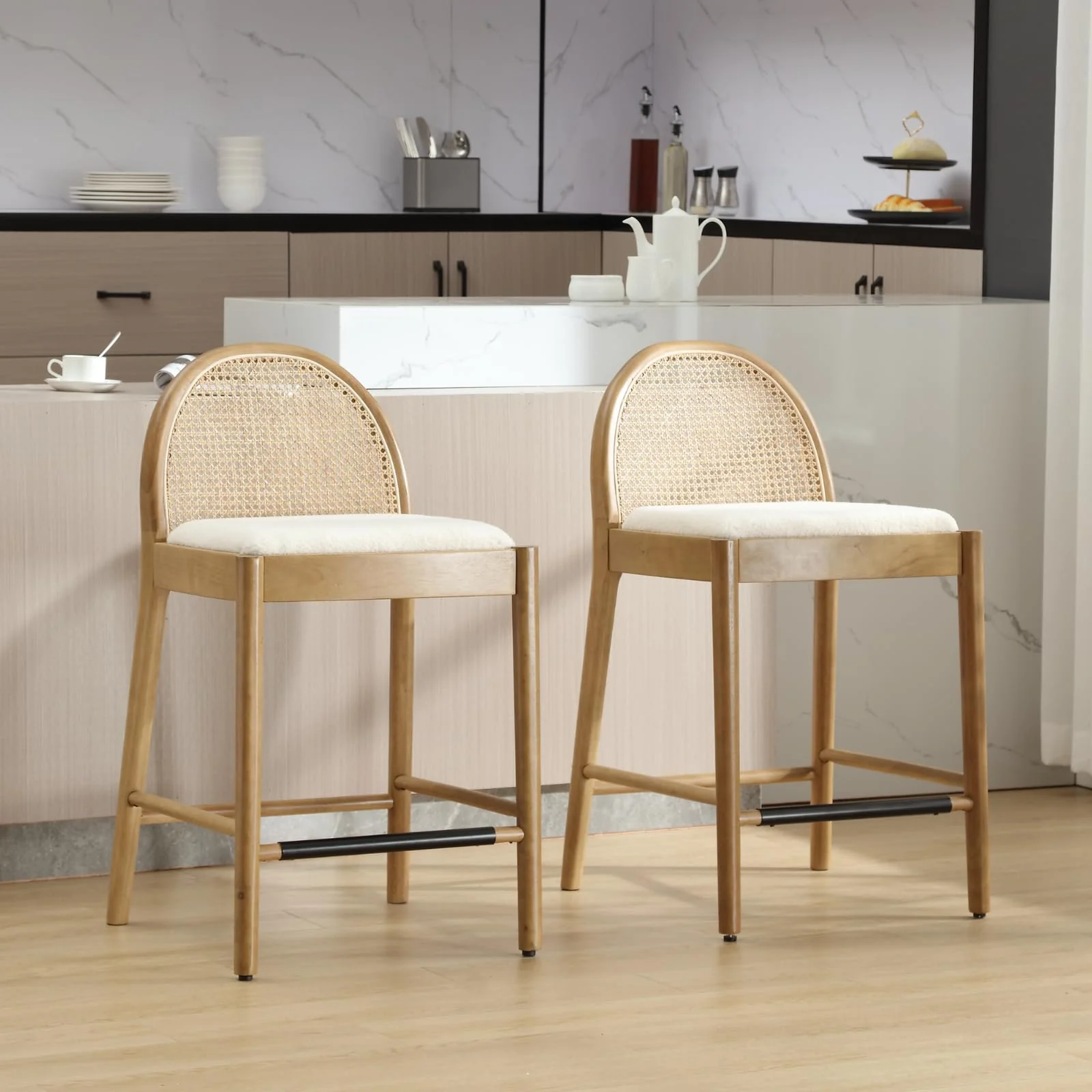24.4"H & 30"H Rattan Backrest Wooden Legs Counter Height Stools Set of 2 - 5696CS - Image 34