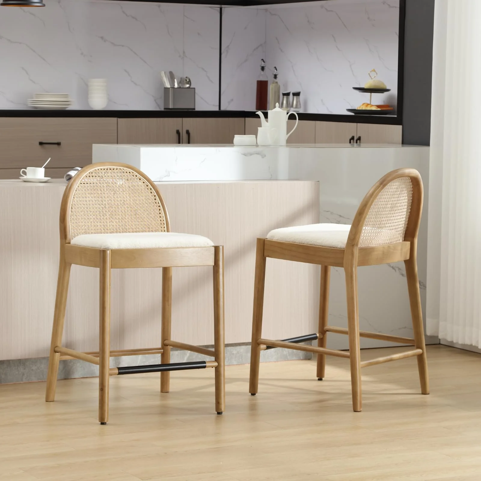 24.4"H & 30"H Rattan Backrest Wooden Legs Counter Height Stools Set of 2 - 5696CS - Image 35