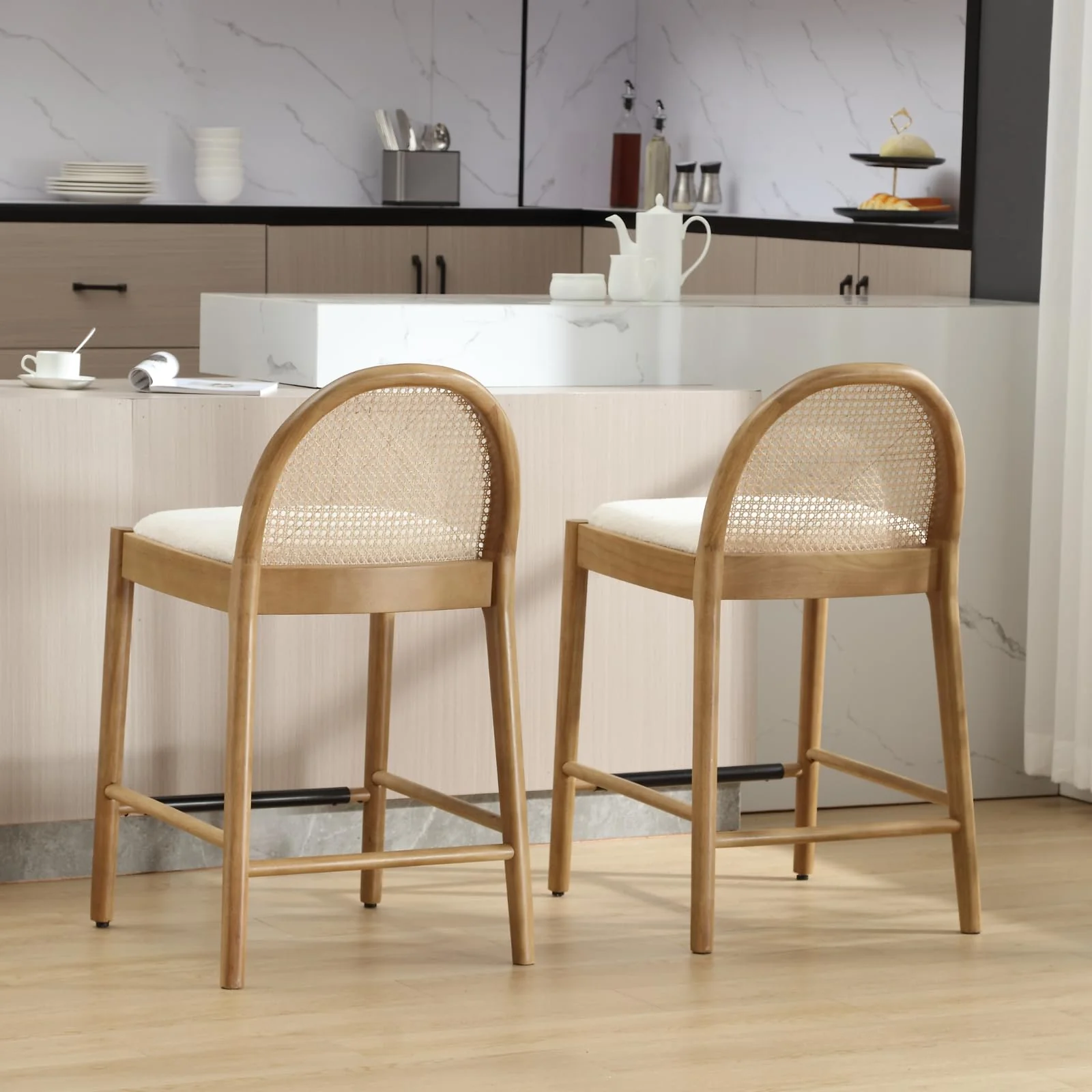 24.4"H & 30"H Rattan Backrest Wooden Legs Counter Height Stools Set of 2 - 5696CS - Image 36