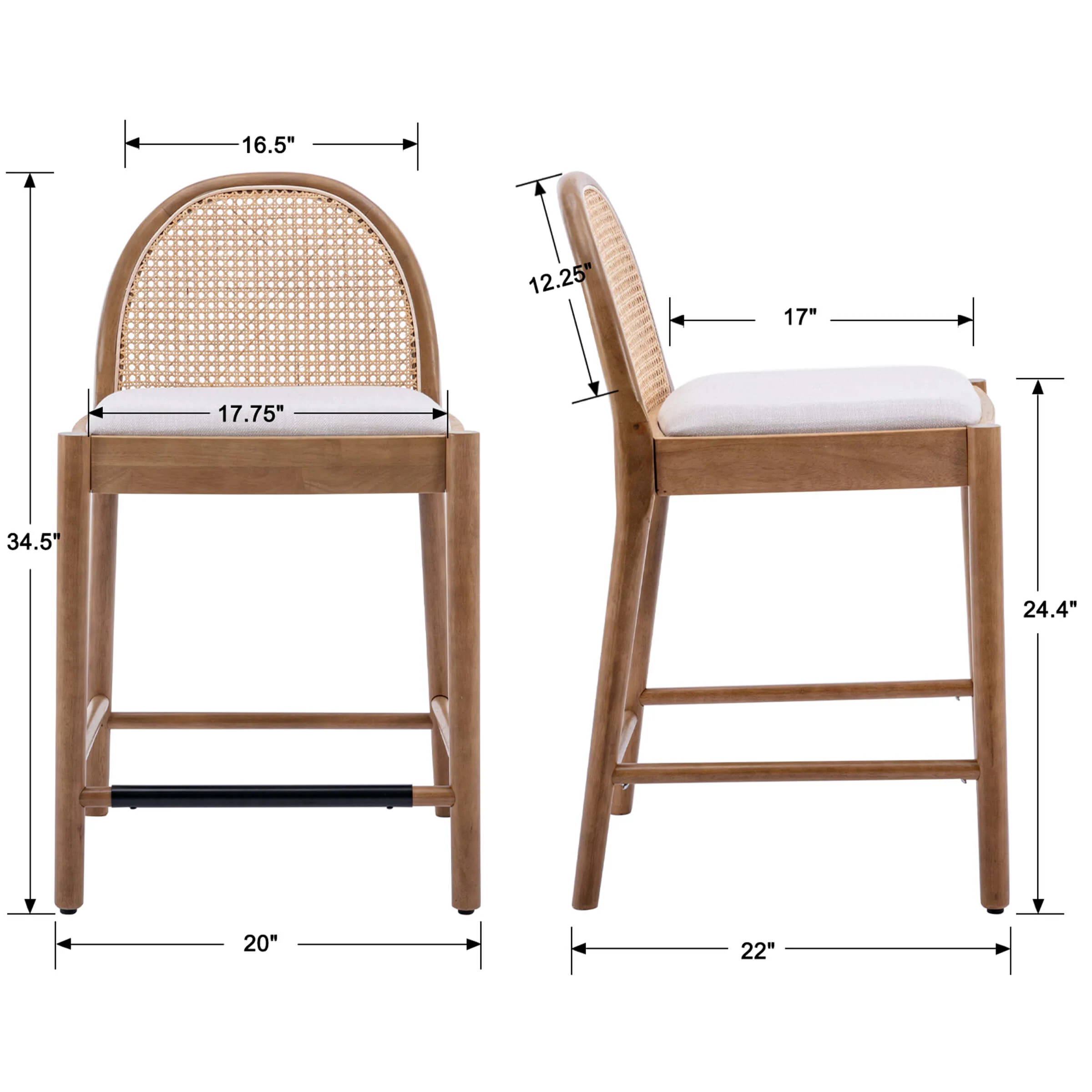 24.4"H & 30"H Rattan Backrest Wooden Legs Counter Height Stools Set of 2 - 5696CS - Image 8