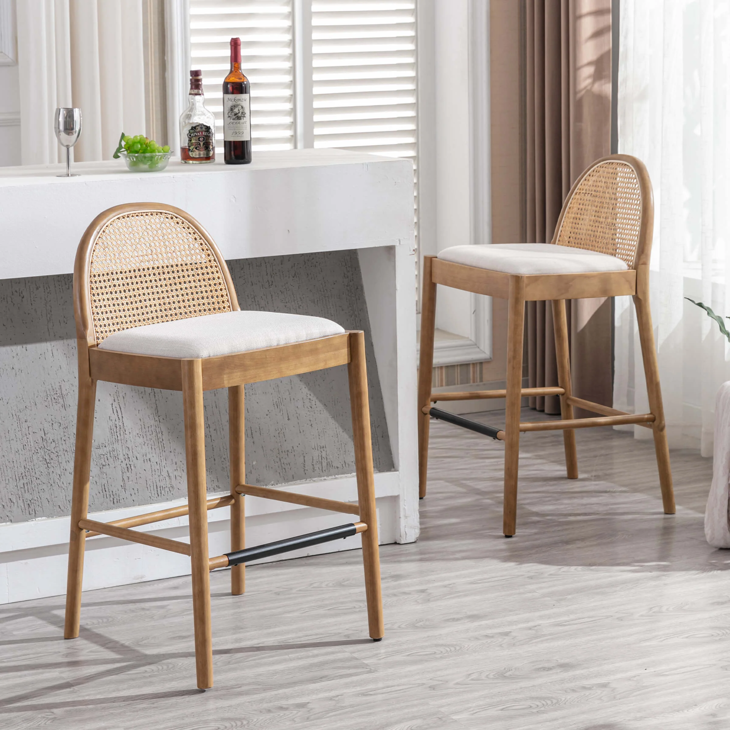 24.4"H & 30"H Rattan Backrest Wooden Legs Counter Height Stools Set of 2 - 5696CS - Image 9