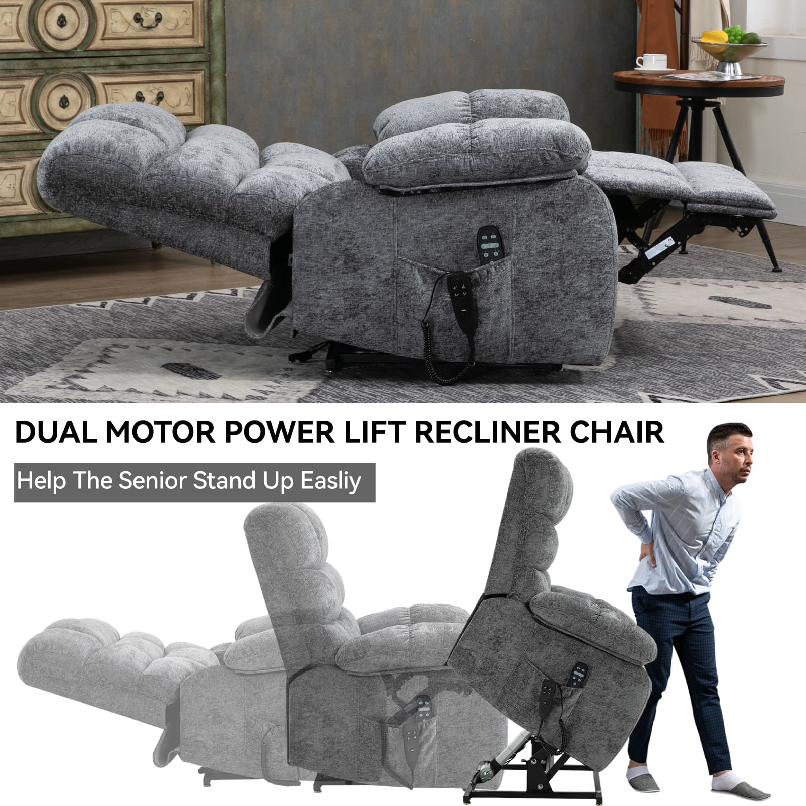 Oversized German Dual Motor Electric Massage Heat Power Lift Recliner Chair - Image 22
