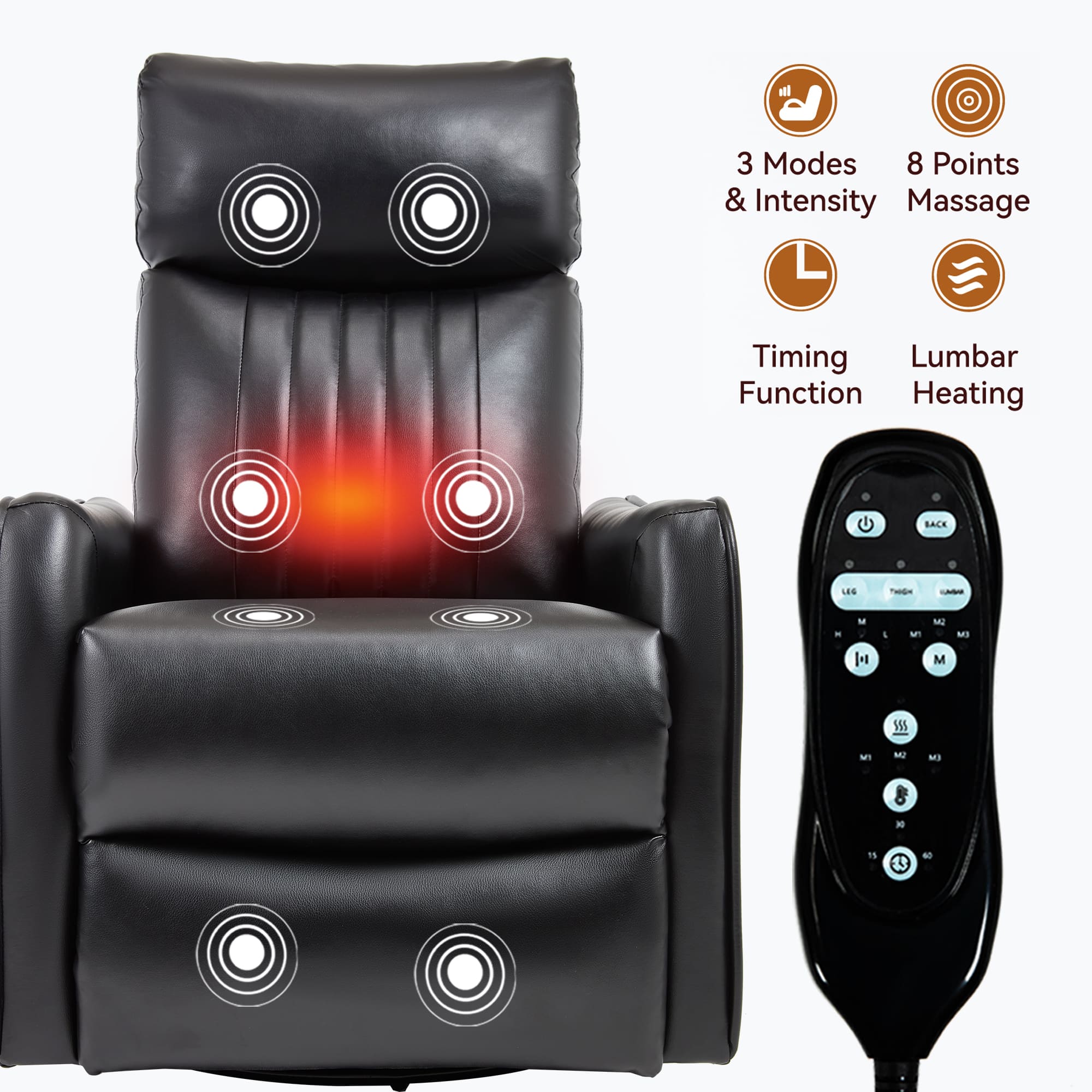 Black Faux Leather Manual Swivel Rocker Massage Heat Recliner Chair - Image 10