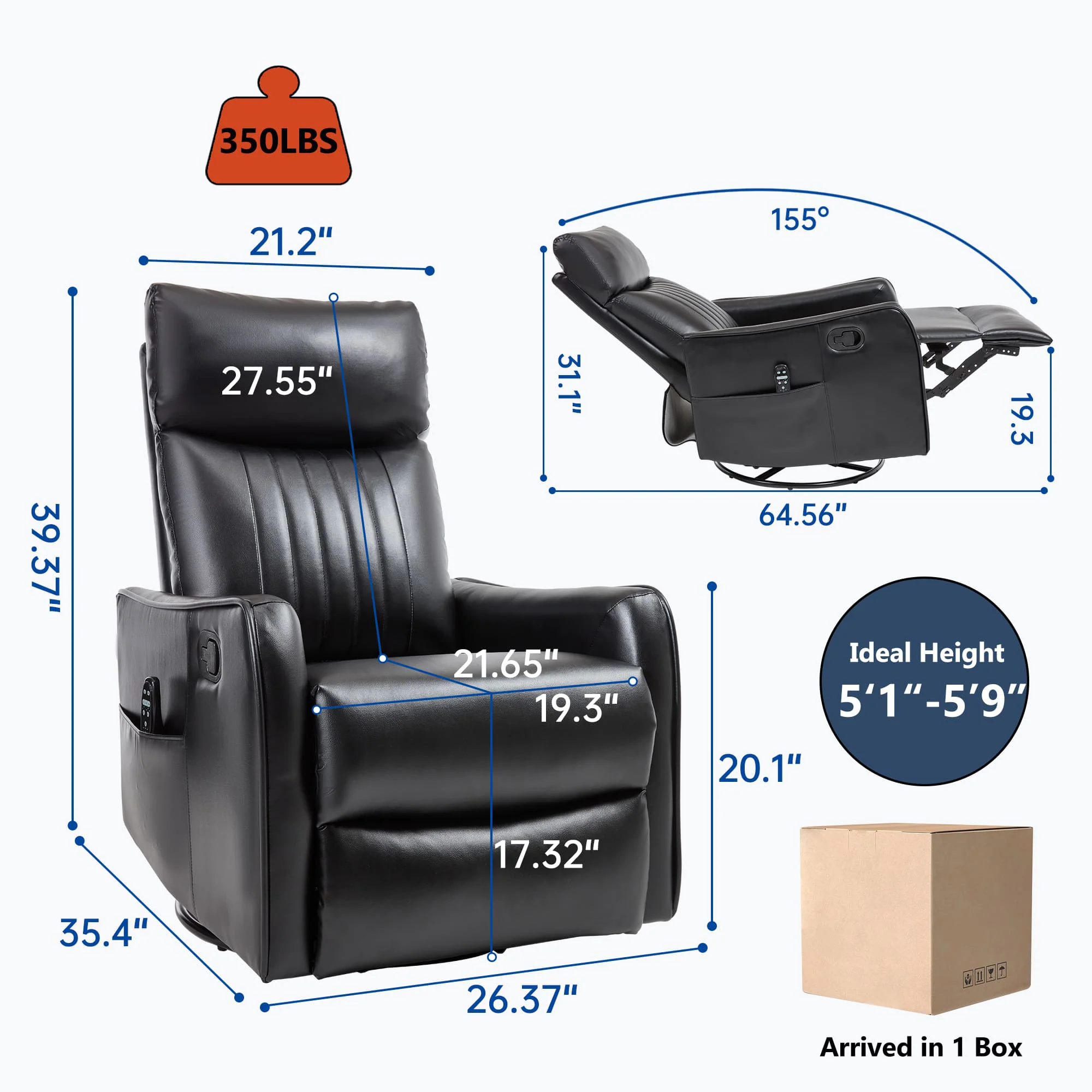 Black Faux Leather Manual Swivel Rocker Massage Heat Recliner Chair - Image 11