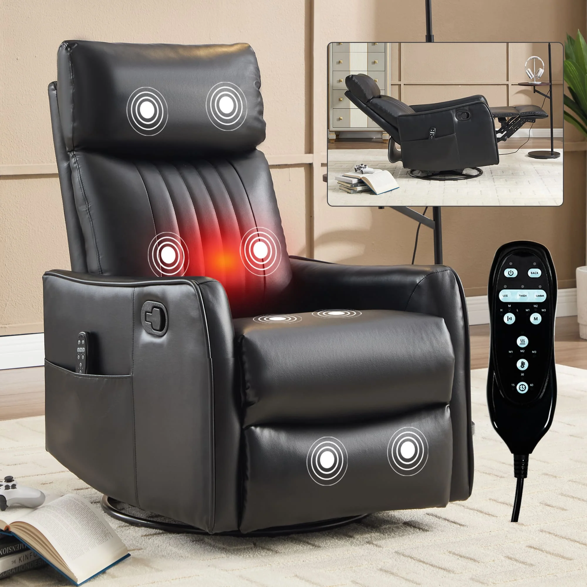 Black Faux Leather Manual Swivel Rocker Massage Heat Recliner Chair - Image 3