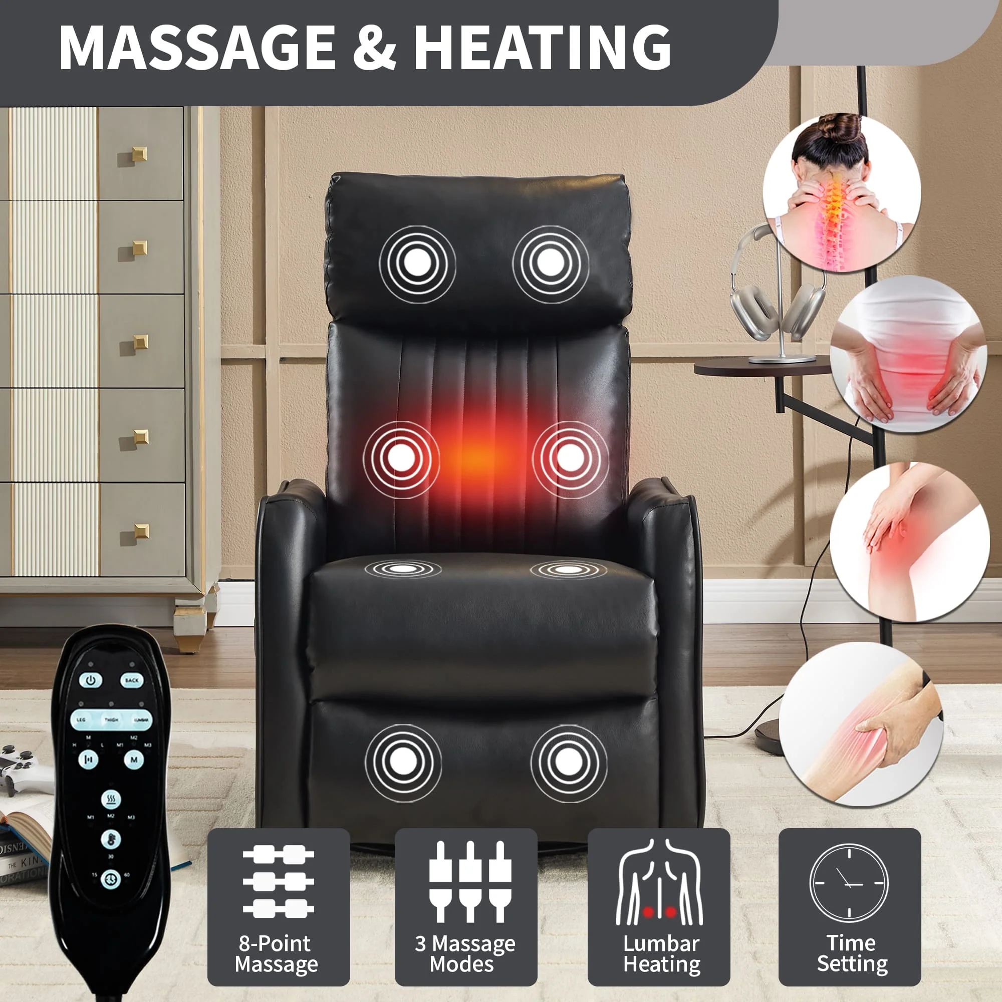Black Faux Leather Manual Swivel Rocker Massage Heat Recliner Chair - Image 4