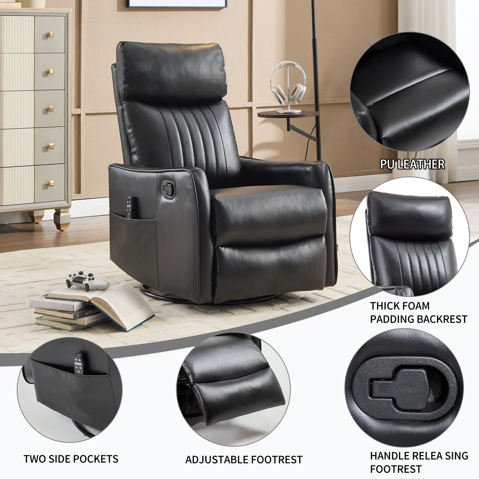 Black Faux Leather Manual Swivel Rocker Massage Heat Recliner Chair - Image 5