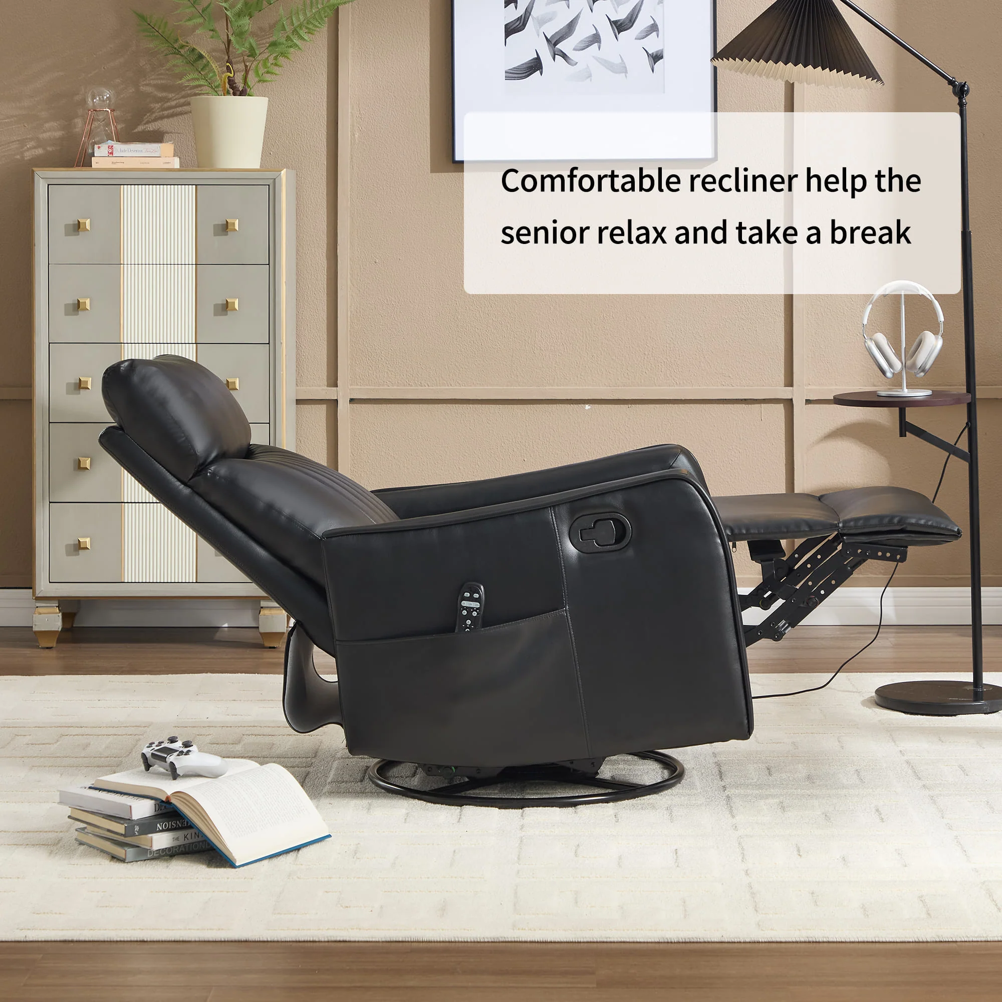 Black Faux Leather Manual Swivel Rocker Massage Heat Recliner Chair - Image 6