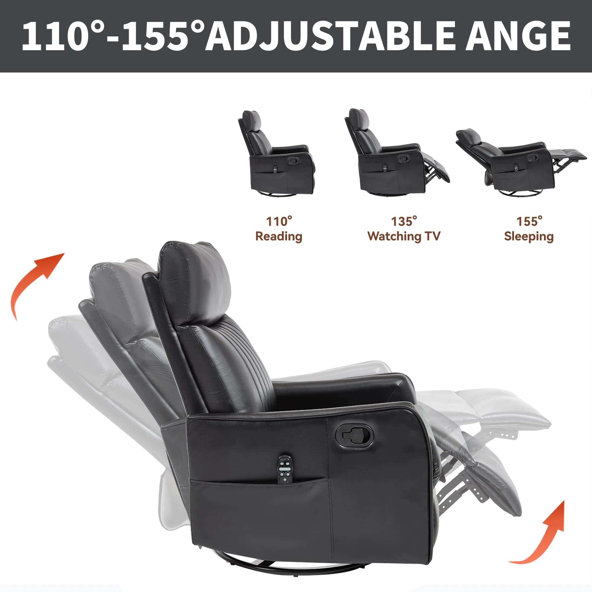 Black Faux Leather Manual Swivel Rocker Massage Heat Recliner Chair - Image 7