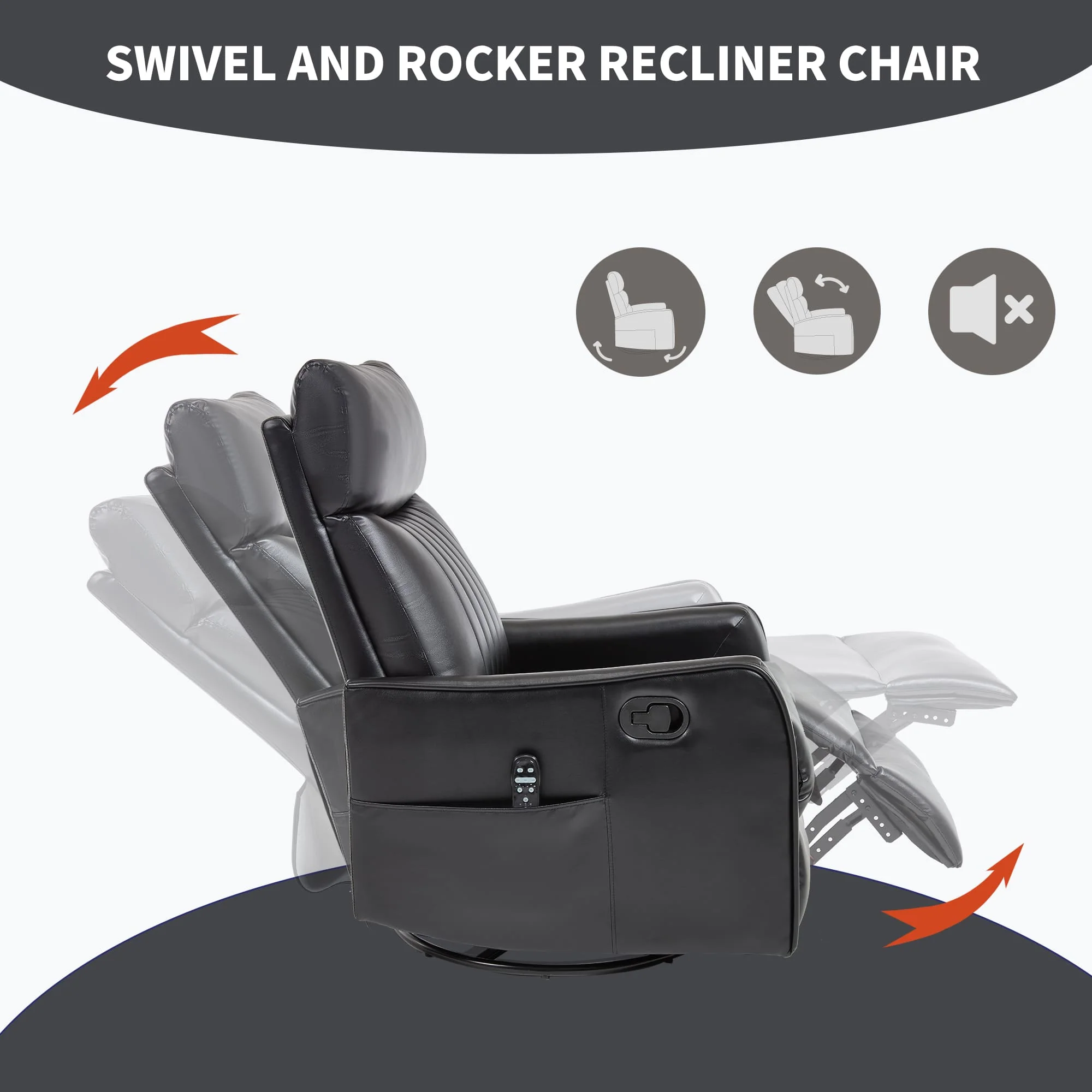 Black Faux Leather Manual Swivel Rocker Massage Heat Recliner Chair - Image 8