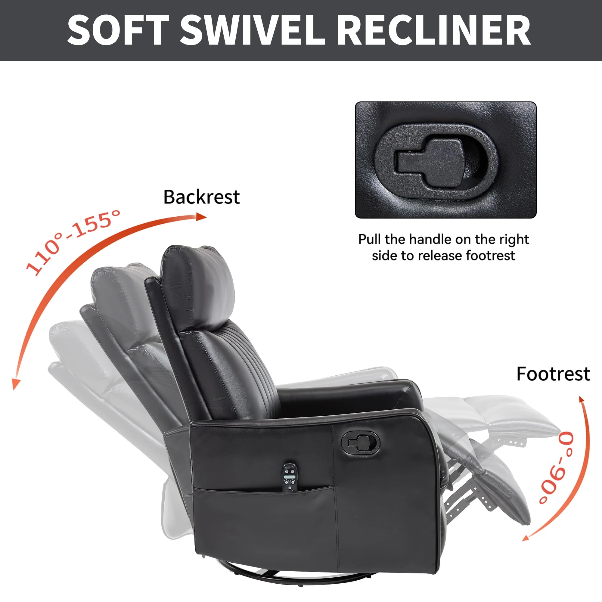Black Faux Leather Manual Swivel Rocker Massage Heat Recliner Chair - Image 9