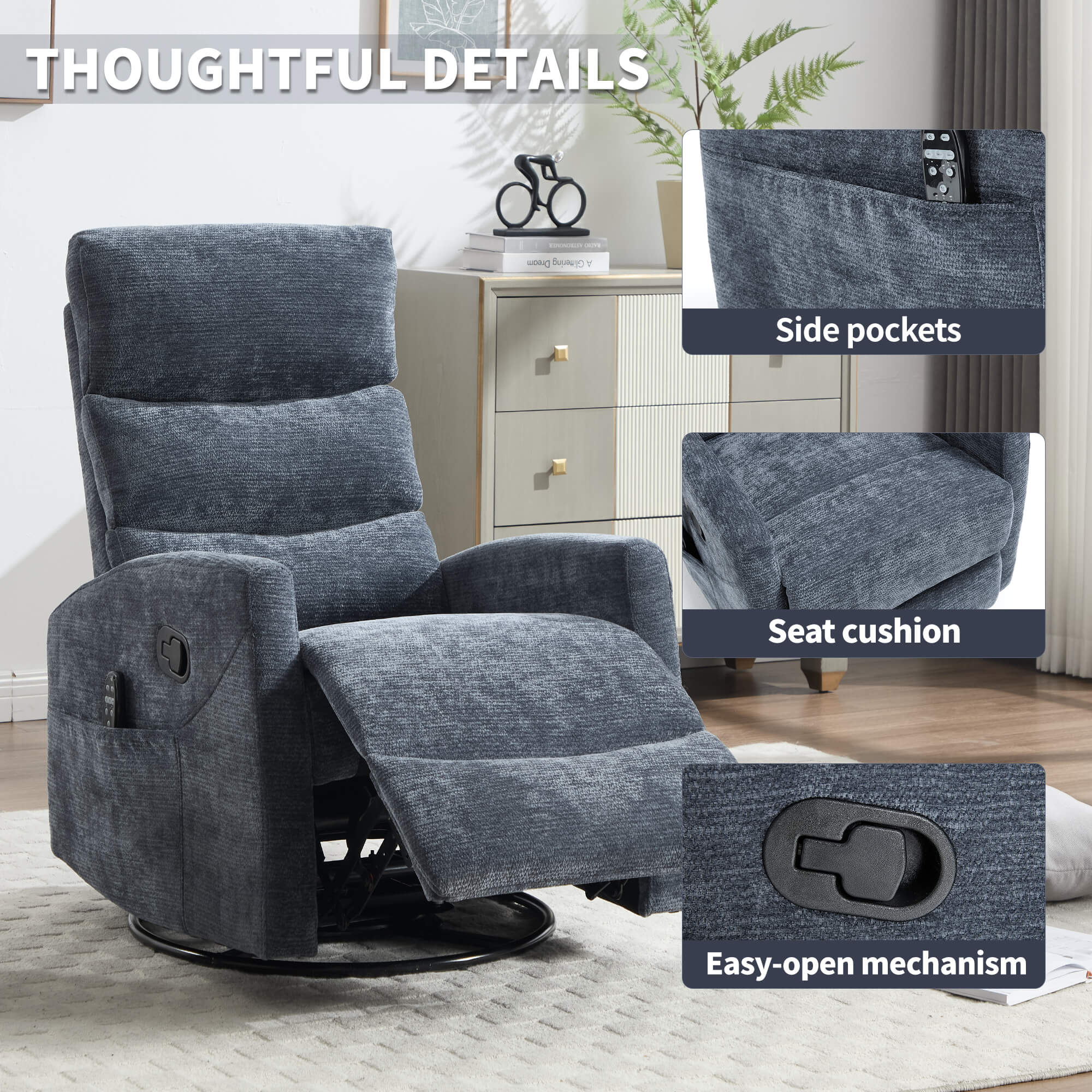 Modern Chenille 360 Swivel Rocker Massage Heat Recliner Chair - Image 10