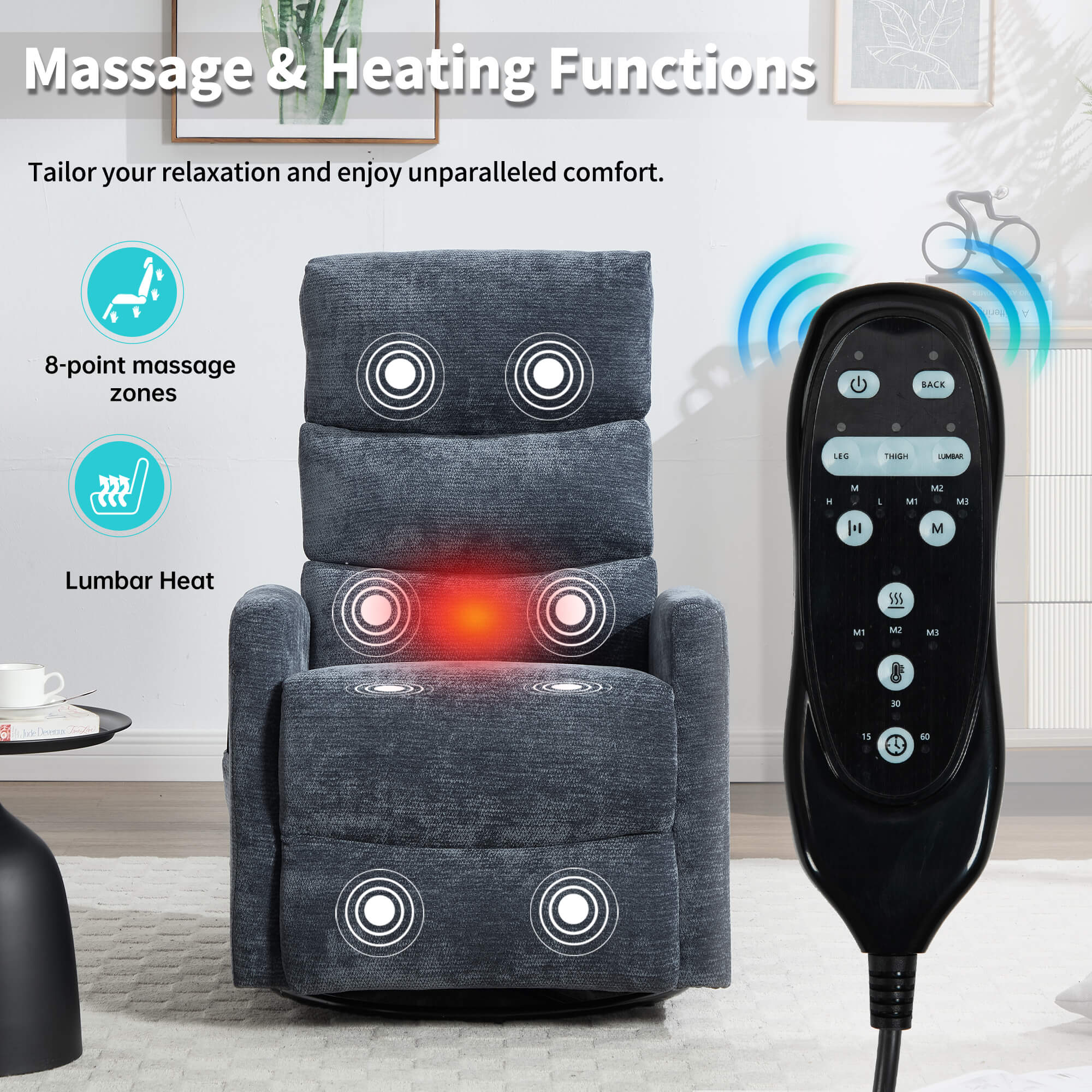 Modern Chenille 360 Swivel Rocker Massage Heat Recliner Chair - Image 11