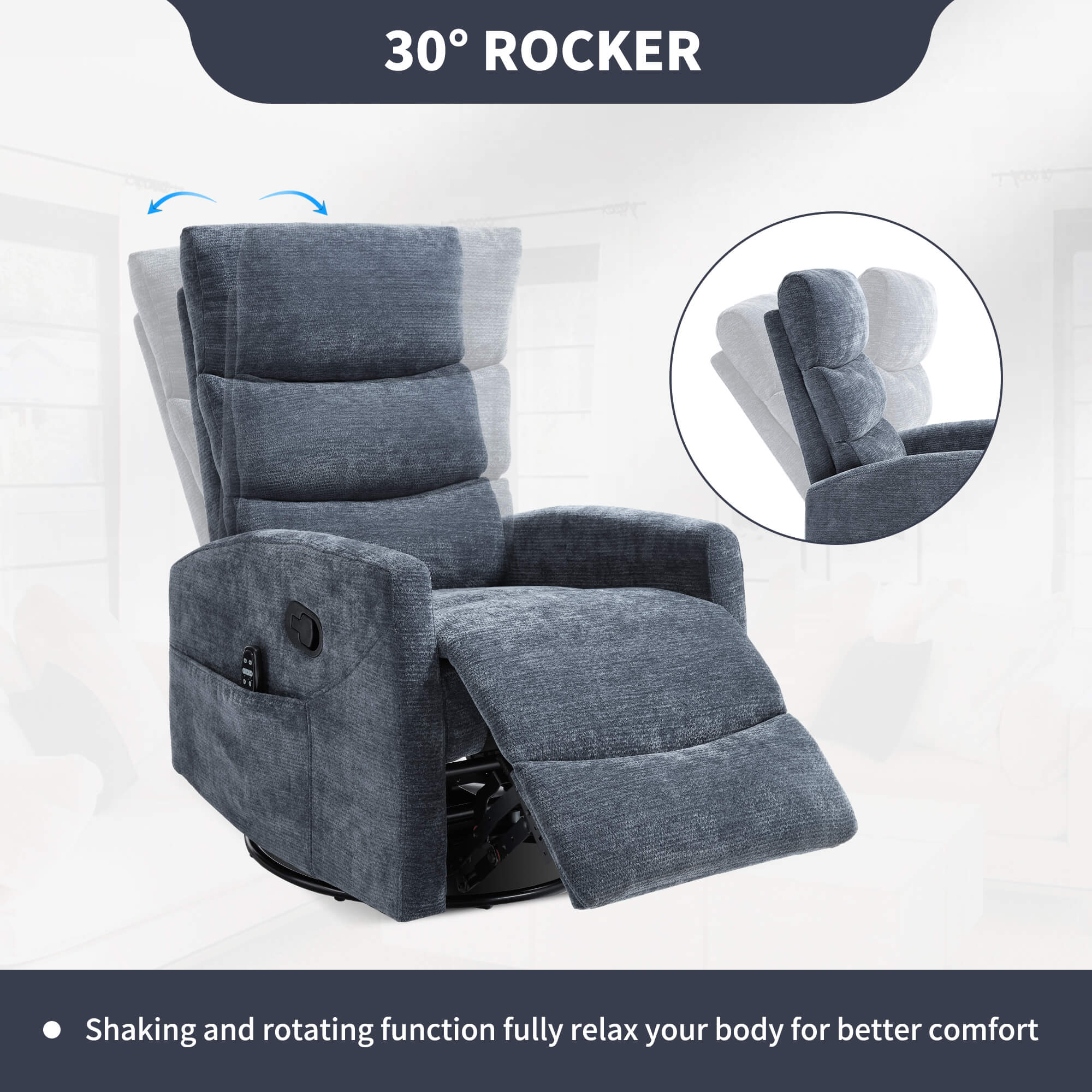 Modern Chenille 360 Swivel Rocker Massage Heat Recliner Chair - Image 12