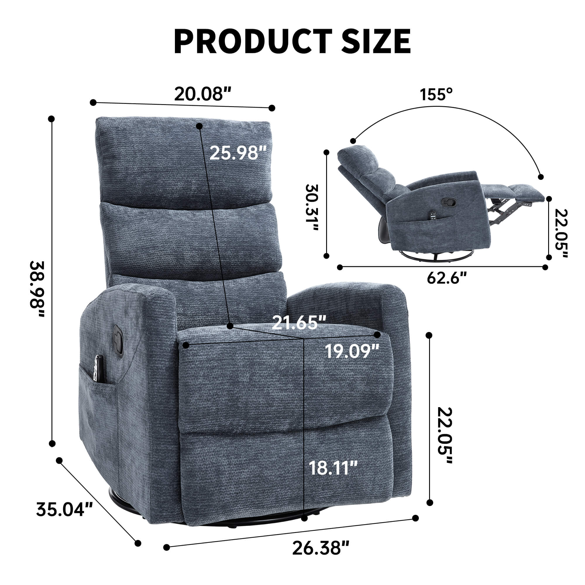 Modern Chenille 360 Swivel Rocker Massage Heat Recliner Chair - Image 13