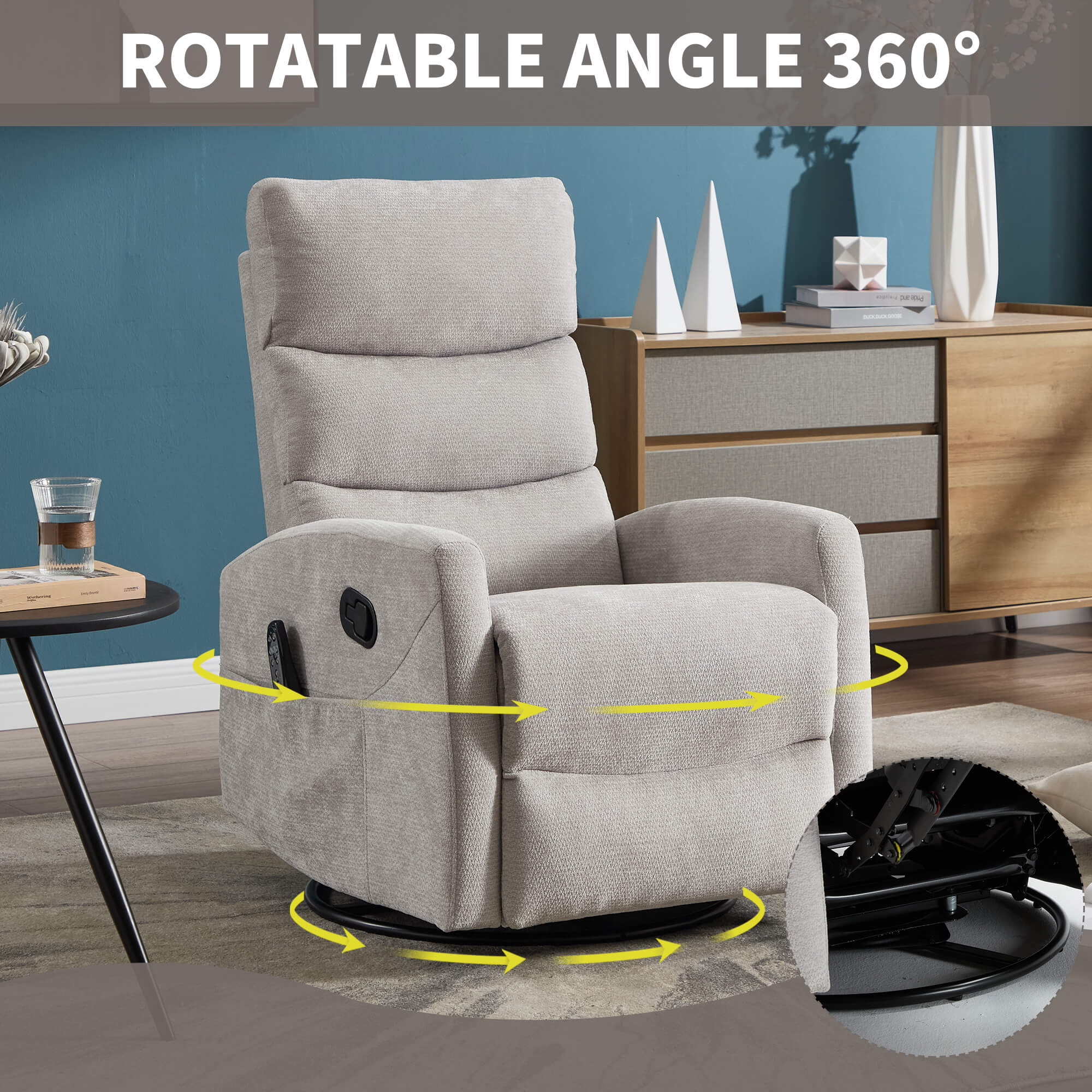 Modern Chenille 360 Swivel Rocker Massage Heat Recliner Chair - Image 15