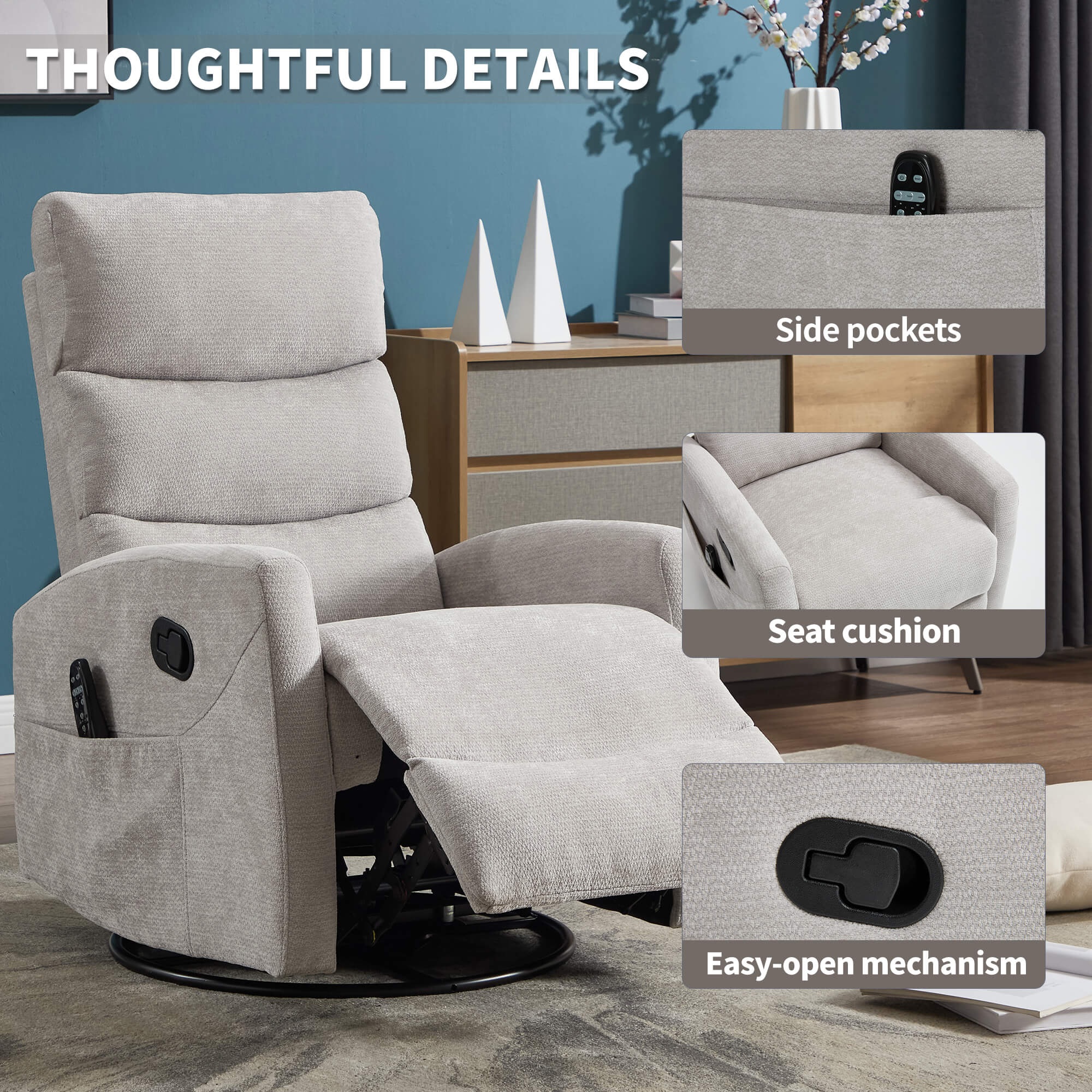 Modern Chenille 360 Swivel Rocker Massage Heat Recliner Chair - Image 16