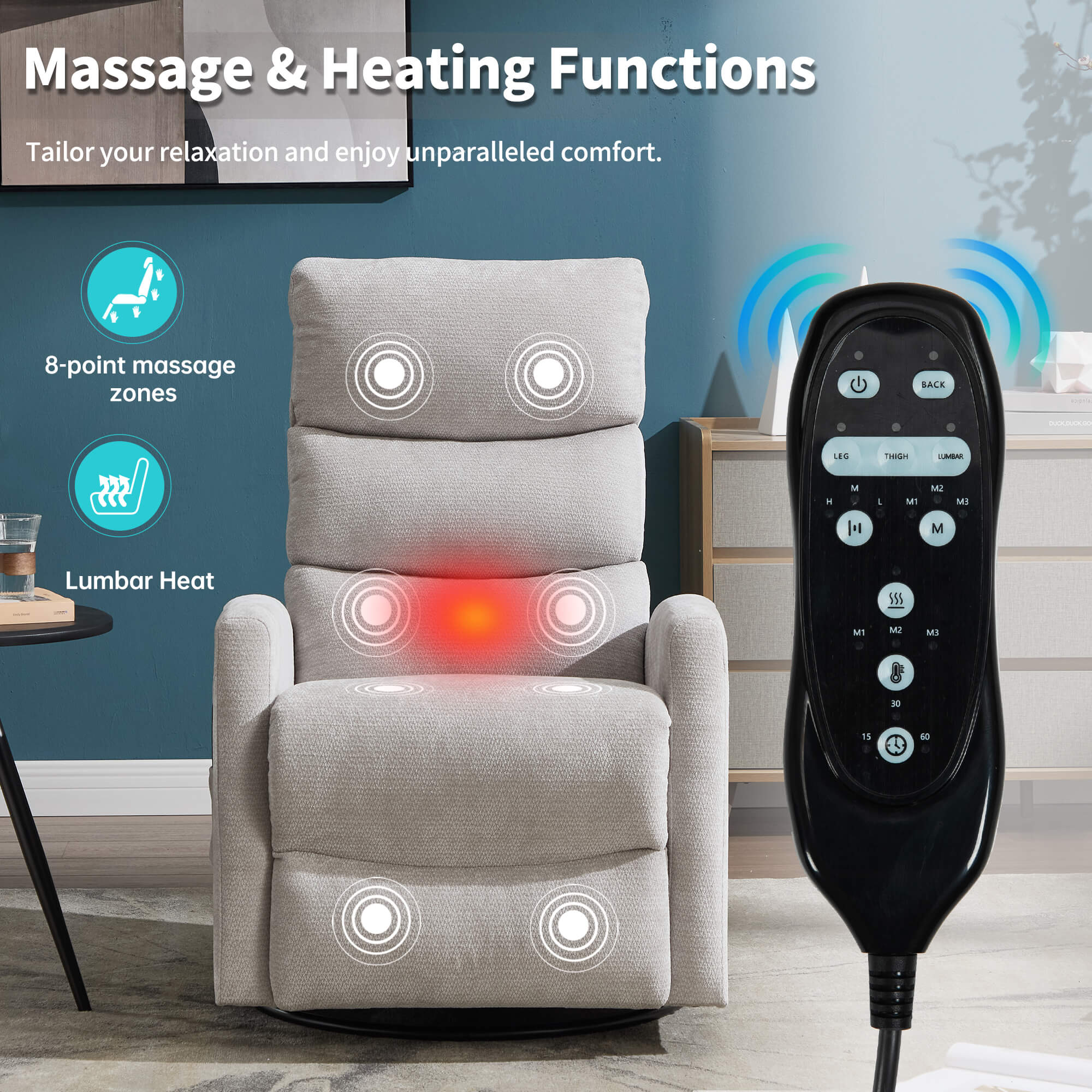 Modern Chenille 360 Swivel Rocker Massage Heat Recliner Chair - Image 17