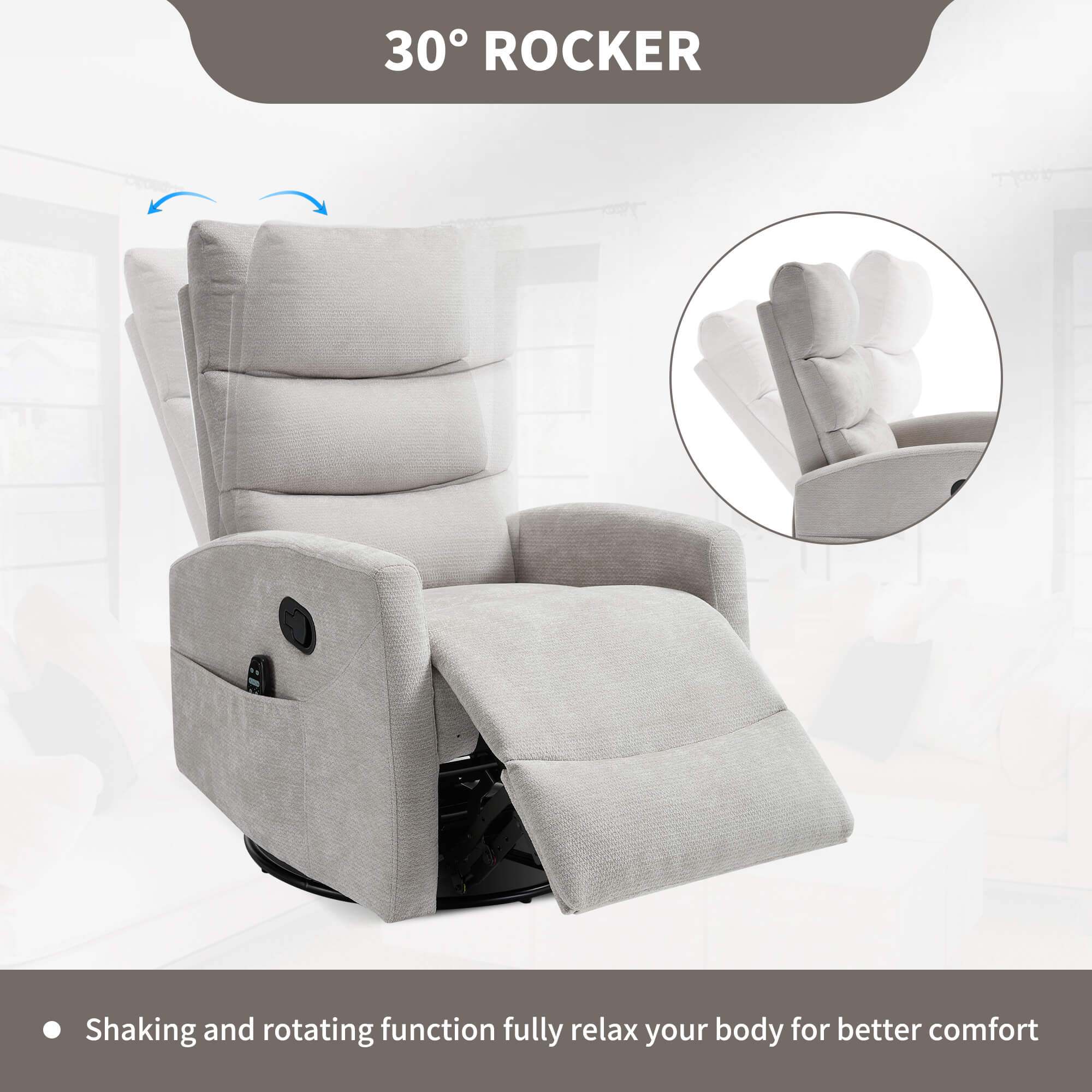 Modern Chenille 360 Swivel Rocker Massage Heat Recliner Chair - Image 18