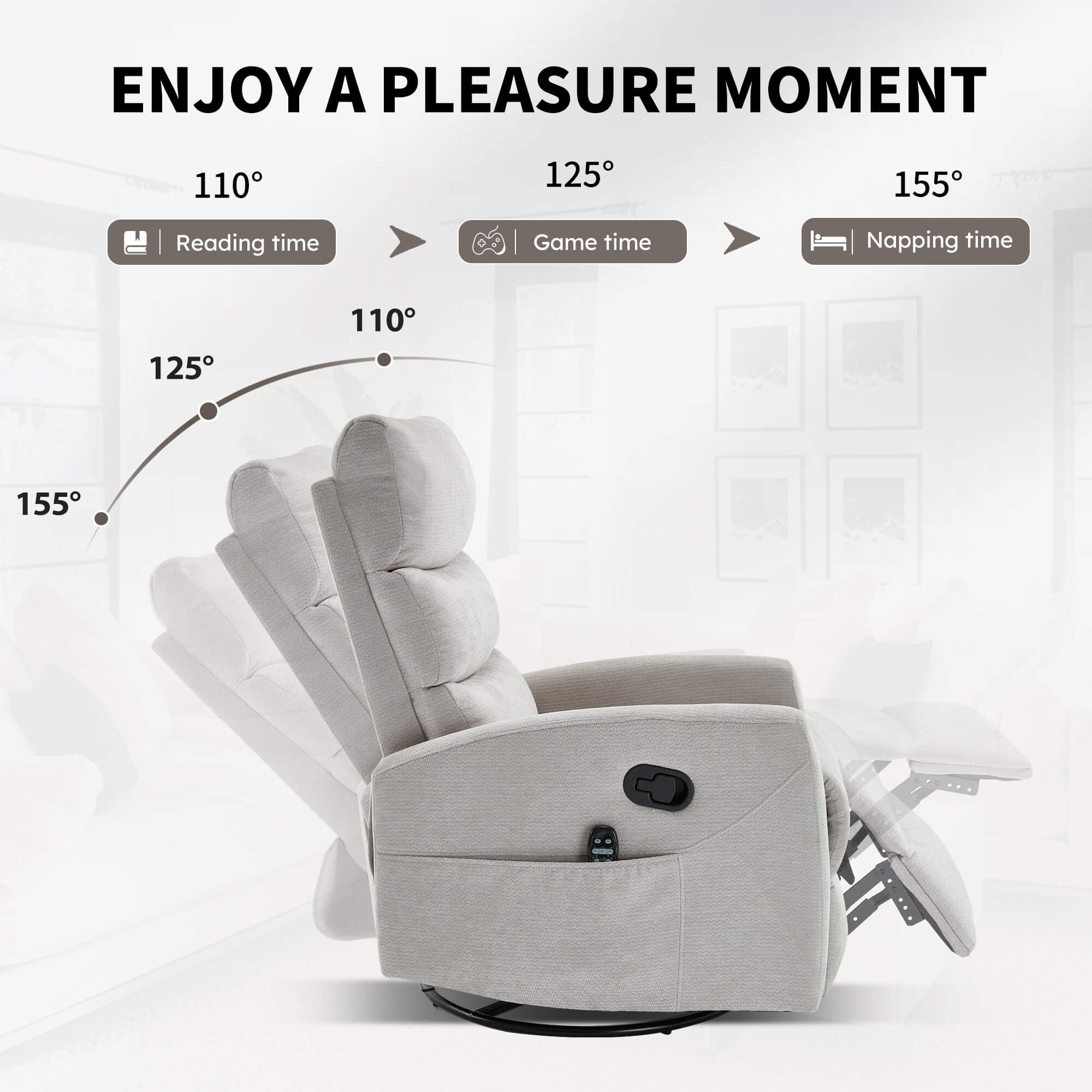 Modern Chenille 360 Swivel Rocker Massage Heat Recliner Chair - Image 19