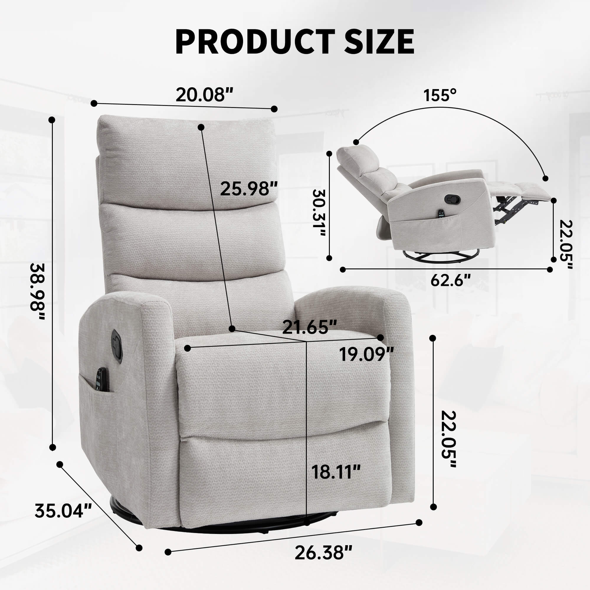Modern Chenille 360 Swivel Rocker Massage Heat Recliner Chair - Image 20
