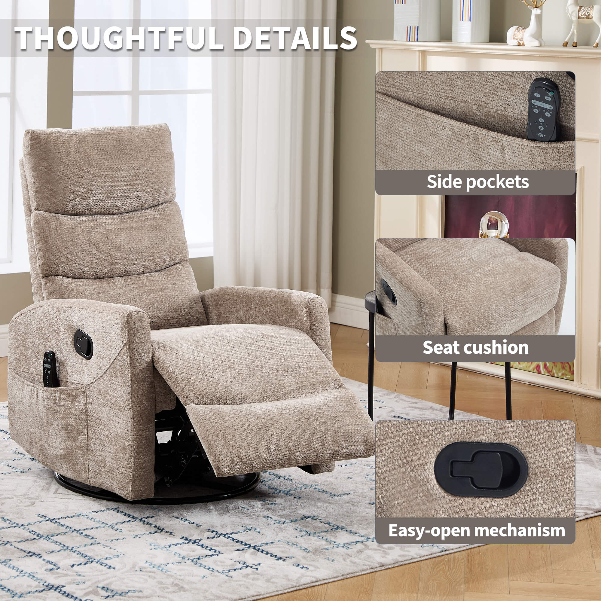 Modern Chenille 360 Swivel Rocker Massage Heat Recliner Chair - Image 23