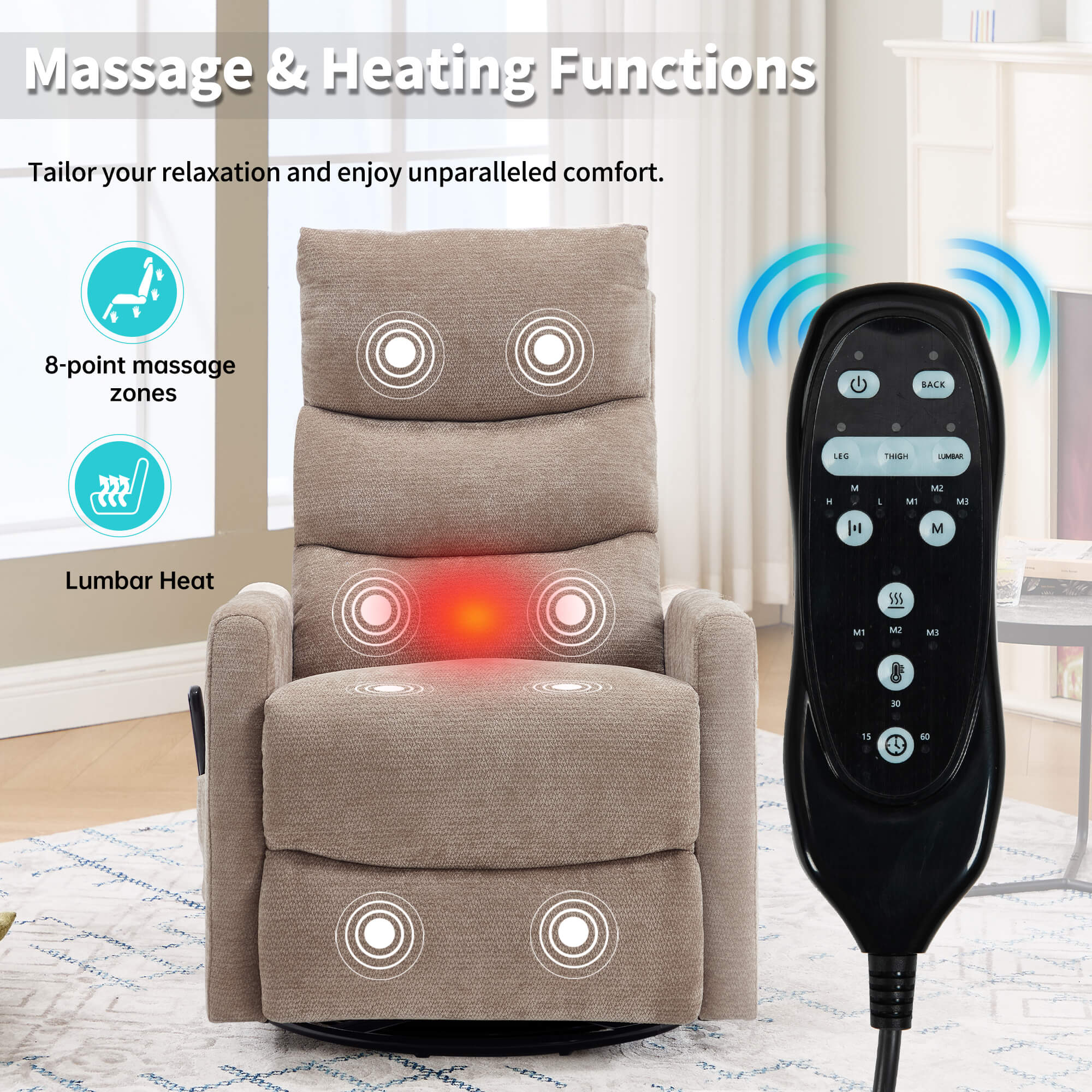 Modern Chenille 360 Swivel Rocker Massage Heat Recliner Chair - Image 24
