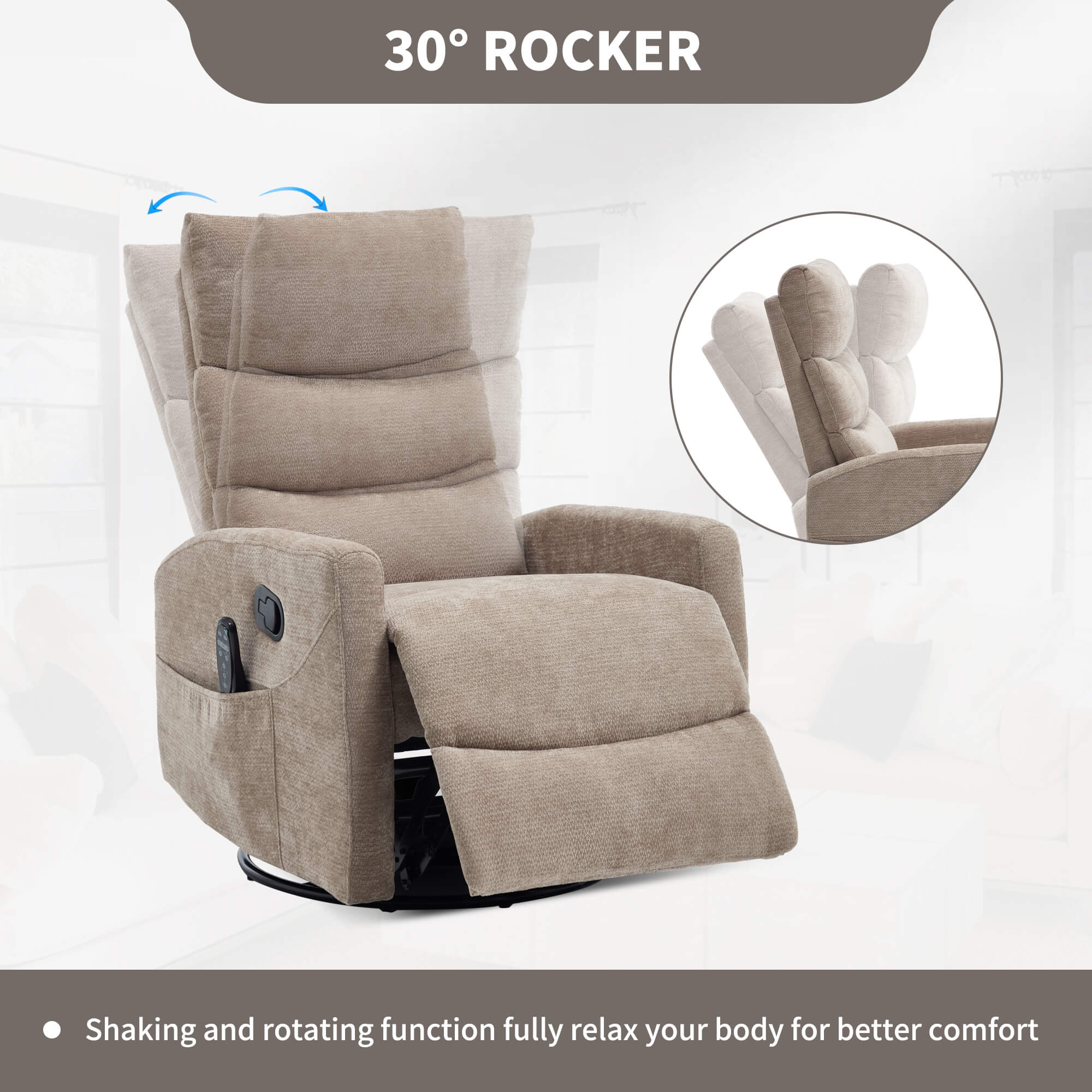 Modern Chenille 360 Swivel Rocker Massage Heat Recliner Chair - Image 25