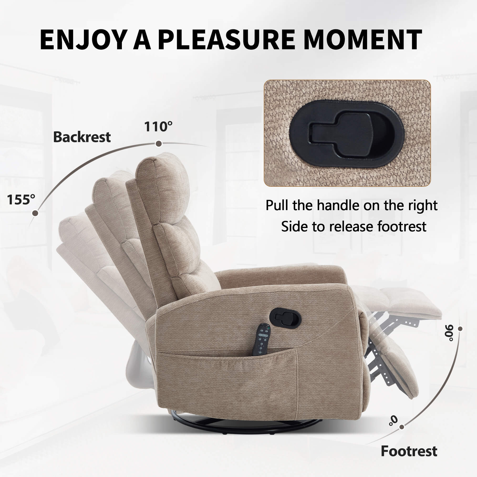 Modern Chenille 360 Swivel Rocker Massage Heat Recliner Chair - Image 26