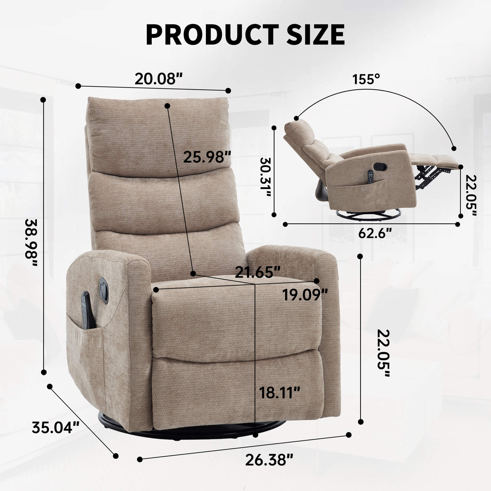Modern Chenille 360 Swivel Rocker Massage Heat Recliner Chair - Image 27