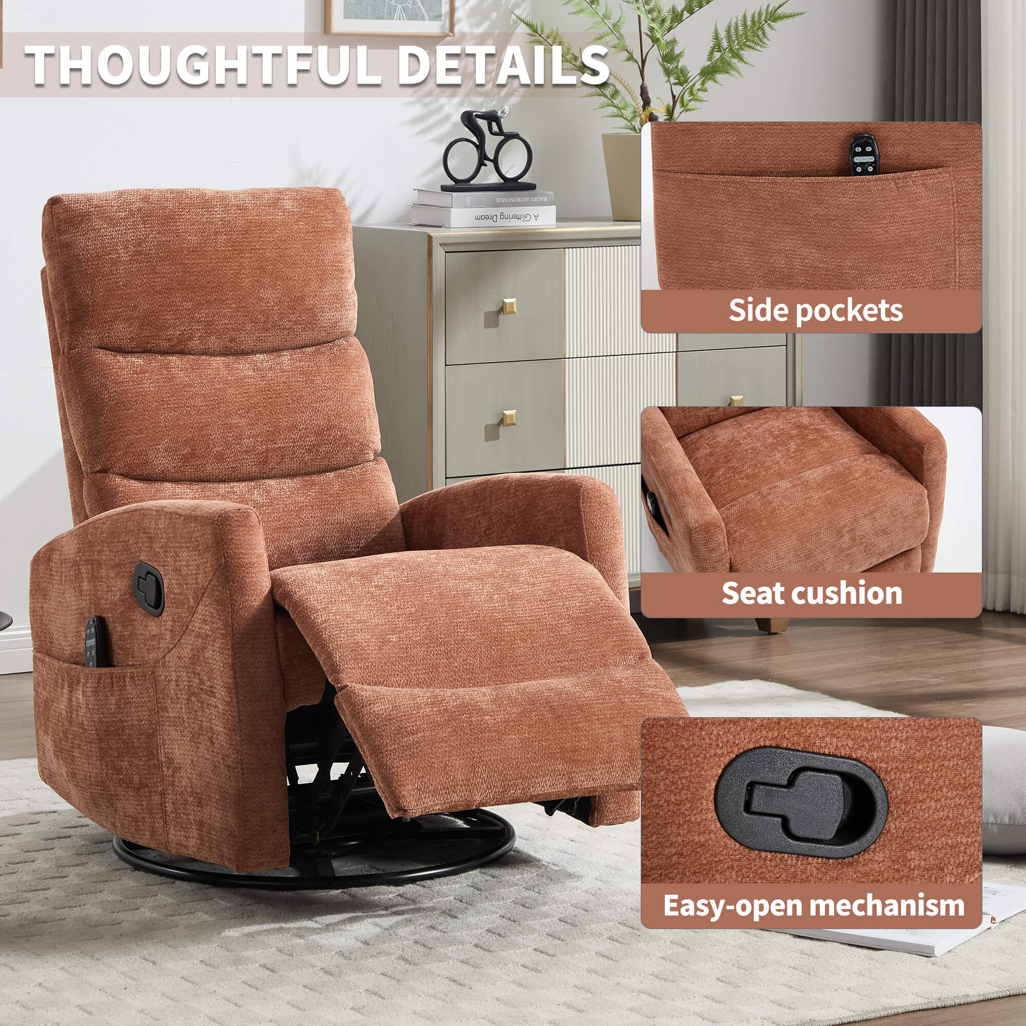 Modern Chenille 360 Swivel Rocker Massage Heat Recliner Chair - Image 3